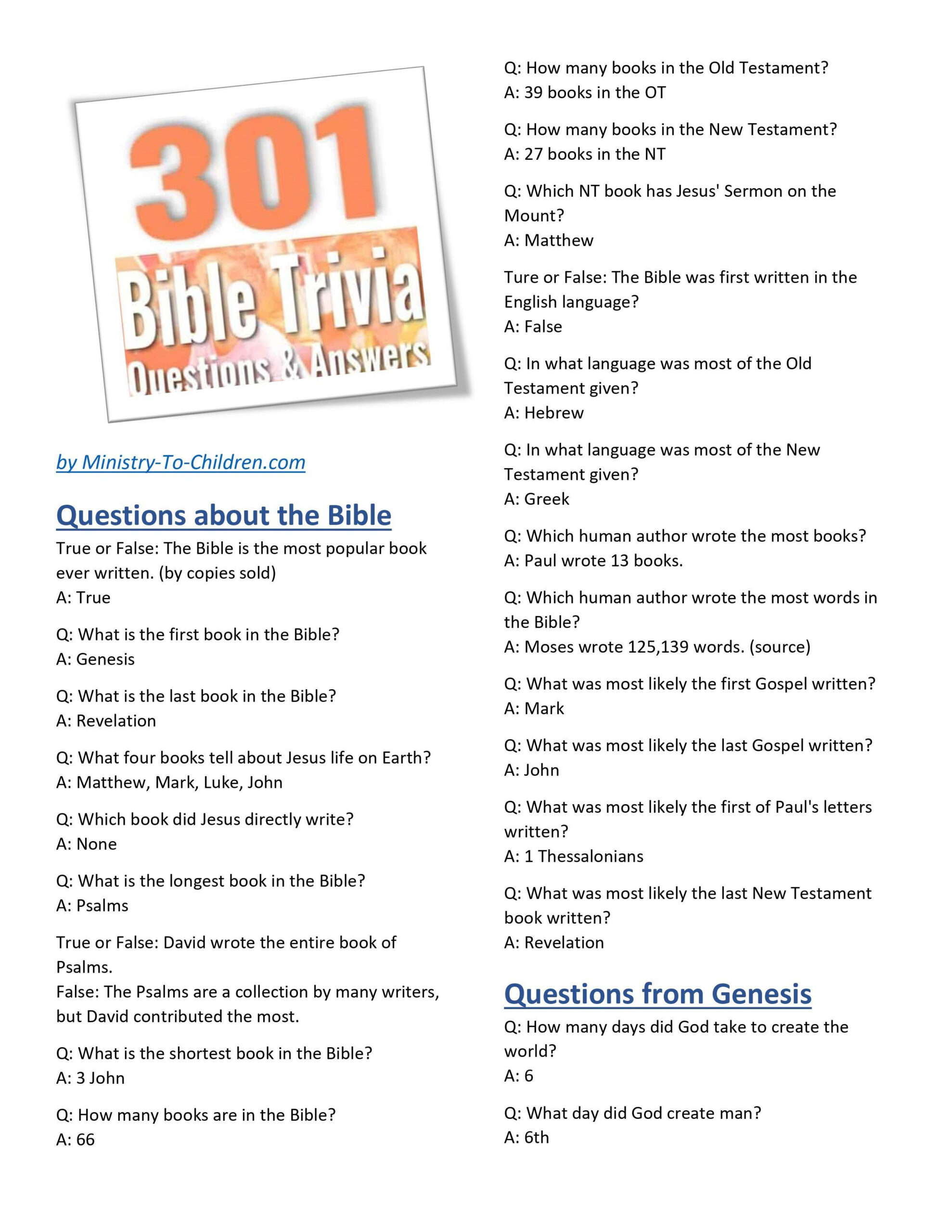 Bible Trivia Questions & Answers (free download) – Sunday
