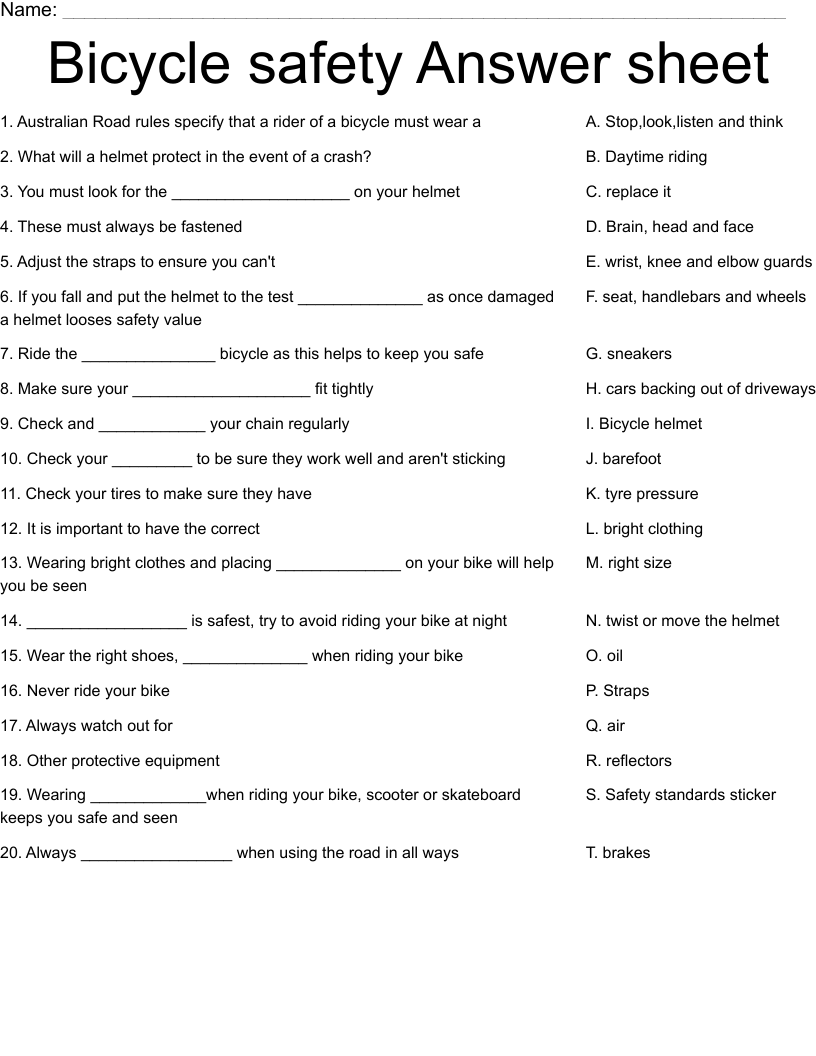 Bicycle safety Answer sheet Worksheet - WordMint