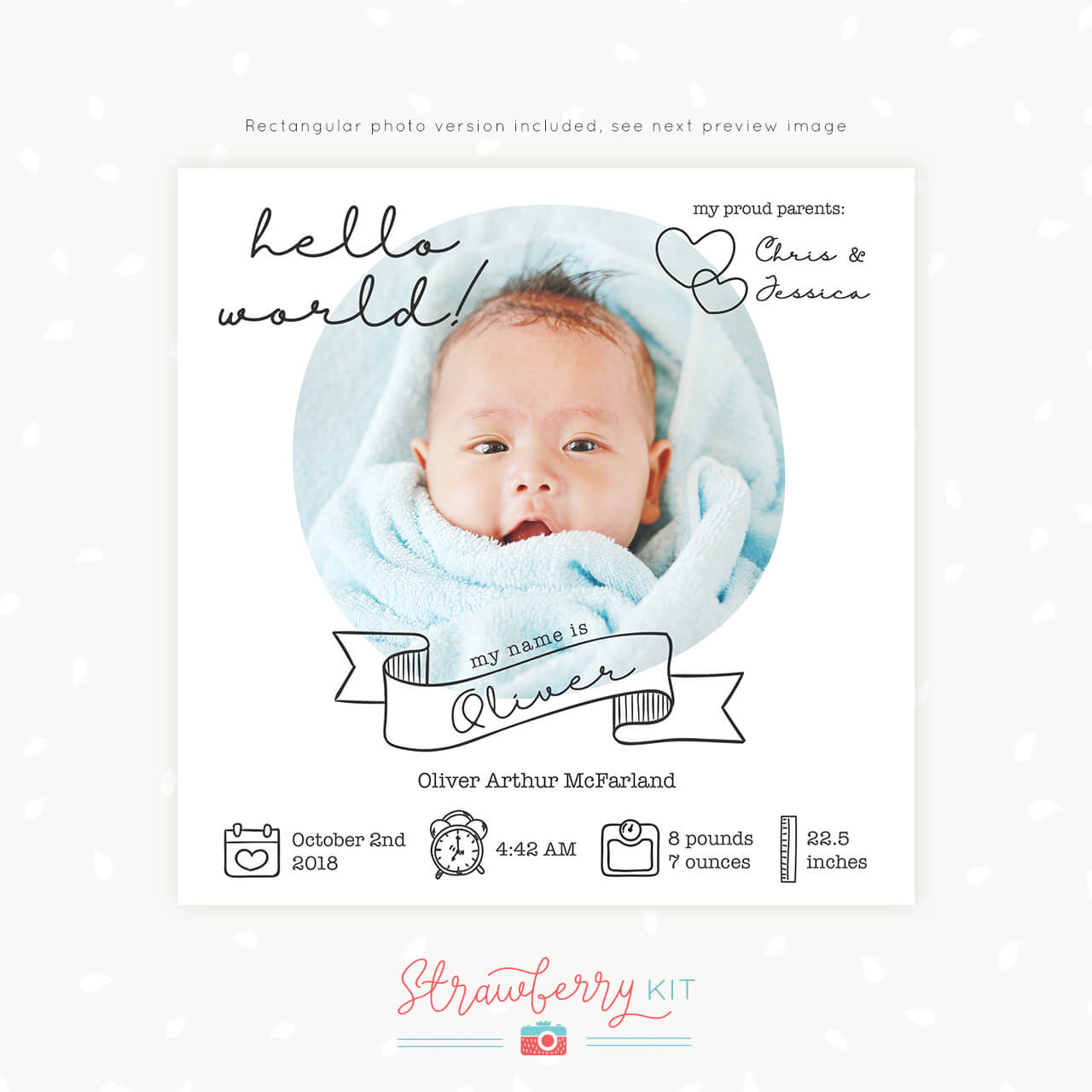 Birth announcement template “Hello world” Square for print