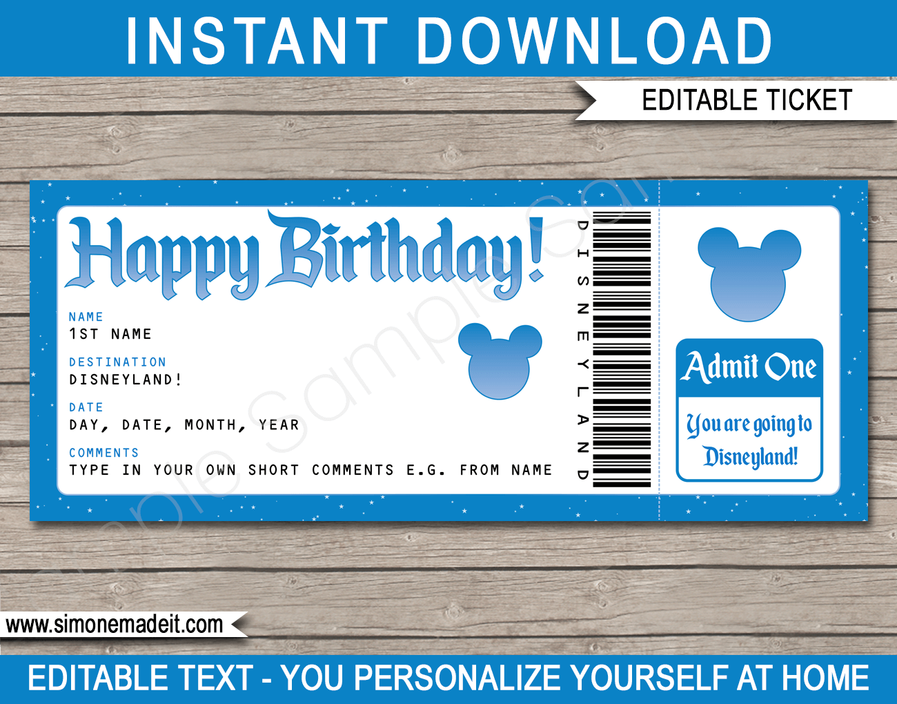 Birthday Surprise Trip to Disneyland Ticket Template  Disney Trip