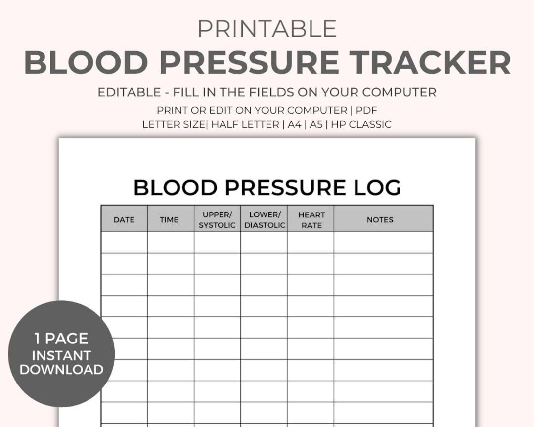 Blood Pressure Chart Printable - Instant Download, Medical Tracker