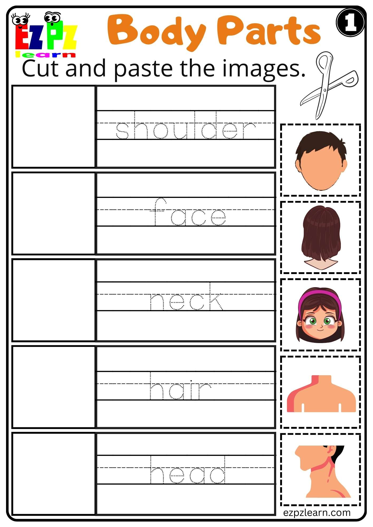 Body Parts Cut and Paste Worksheets for Kids and ESL PDF Download