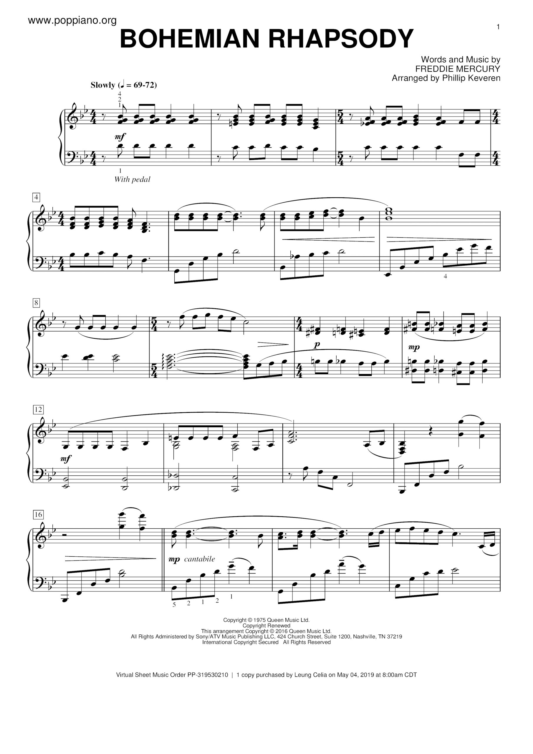 ☆ Bohemian Rhapsody  Sheet Music  Piano Score Free PDF Download