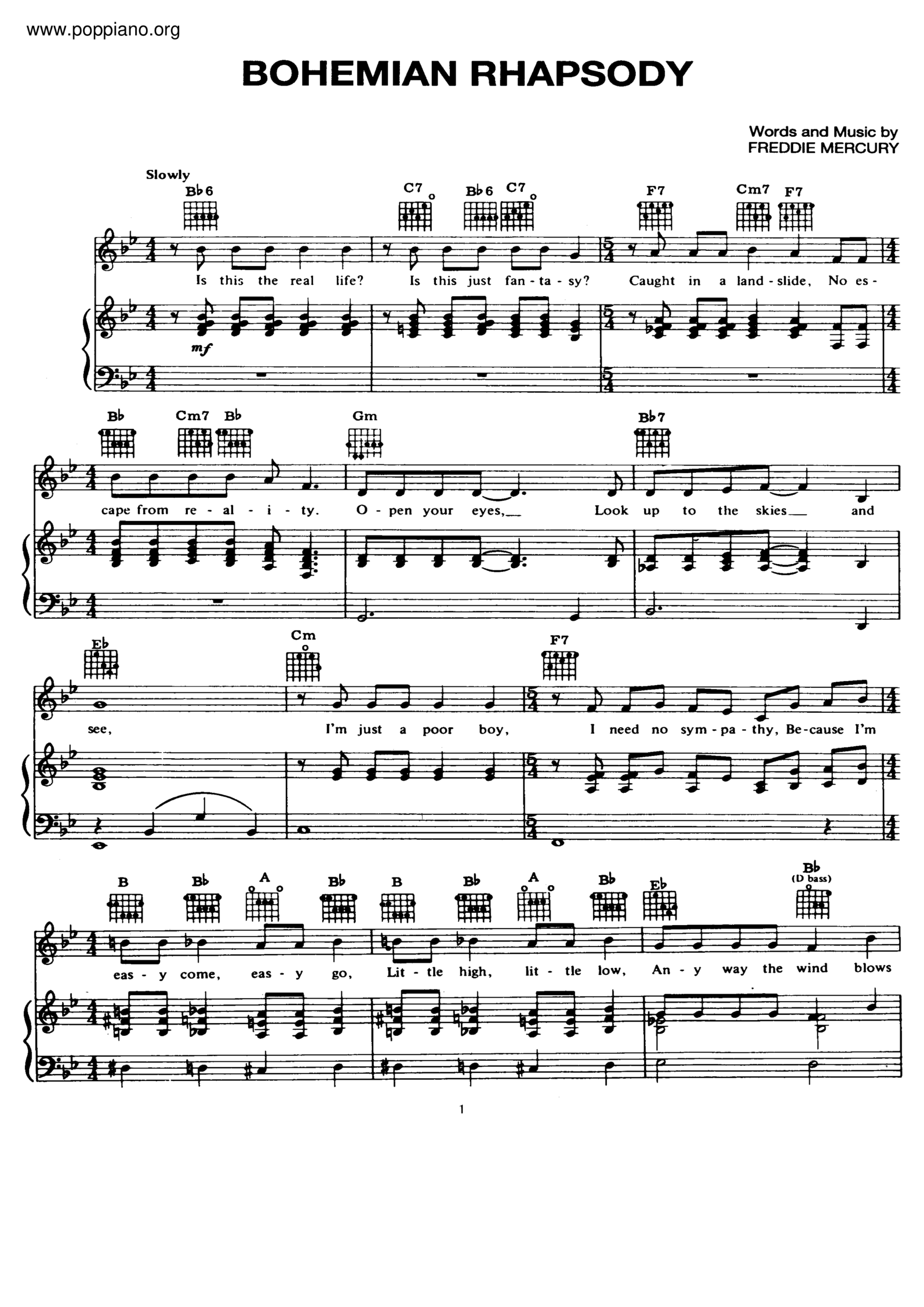☆ Bohemian Rhapsody  Sheet Music  Piano Score Free PDF Download