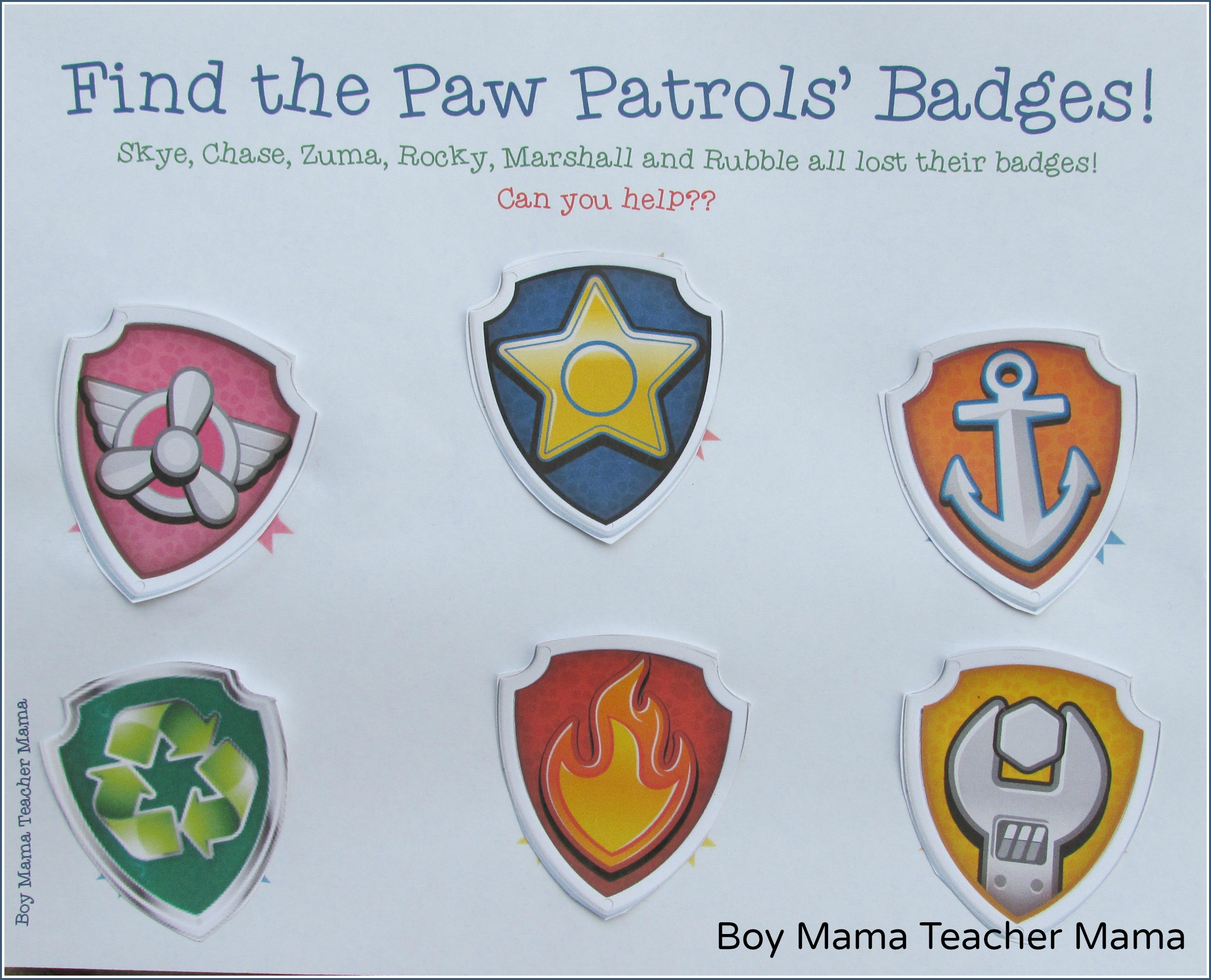 Boy Mama: FREE Paw Patrol Find the Badge Printable Game - Boy Mama