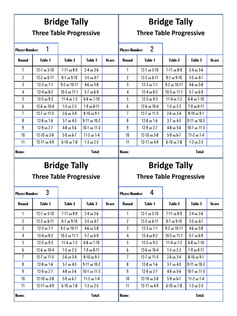 Bridge Tally Bridge Tally: Three Table Progressive Three Table Bridge Tally Bridge Tally: Three Table Progressive Three Table