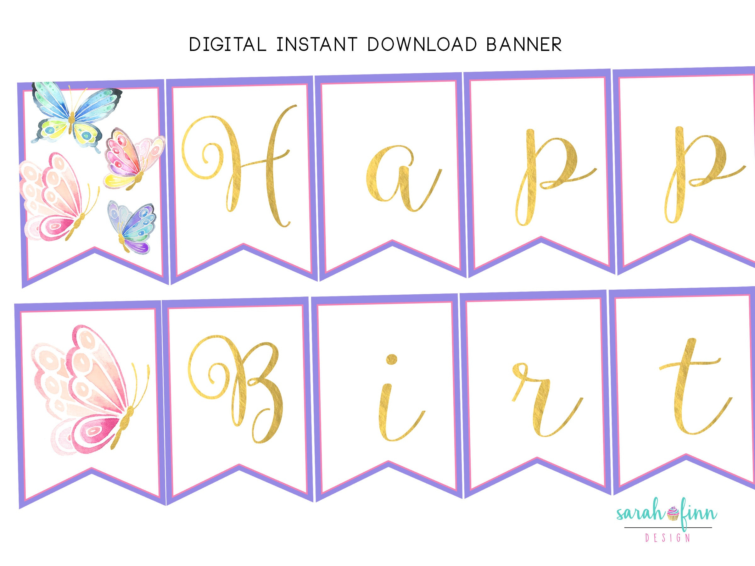 Butterfly Happy Birthday Banner Printable Instant Download