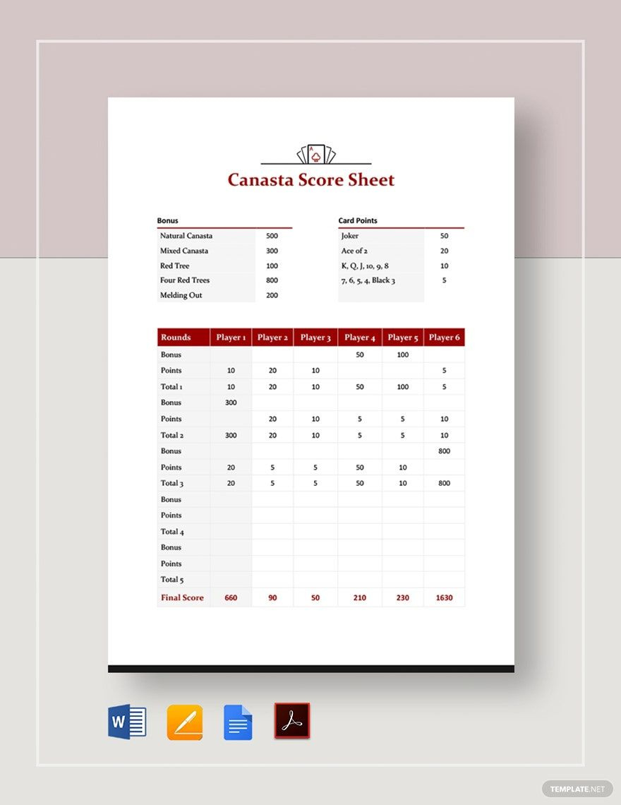 Canasta Score Sheet Template in Pages, Word, Google Docs, PDF Canasta Score Sheet Template in Pages, Word, Google Docs, PDF
