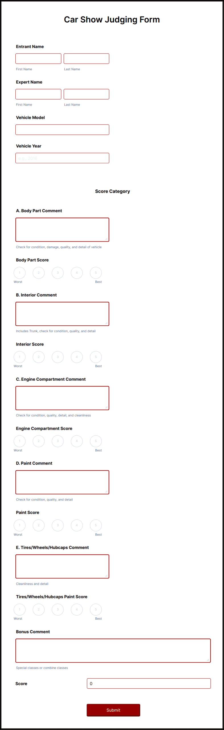 Car Show Judging Form Template  Jotform
