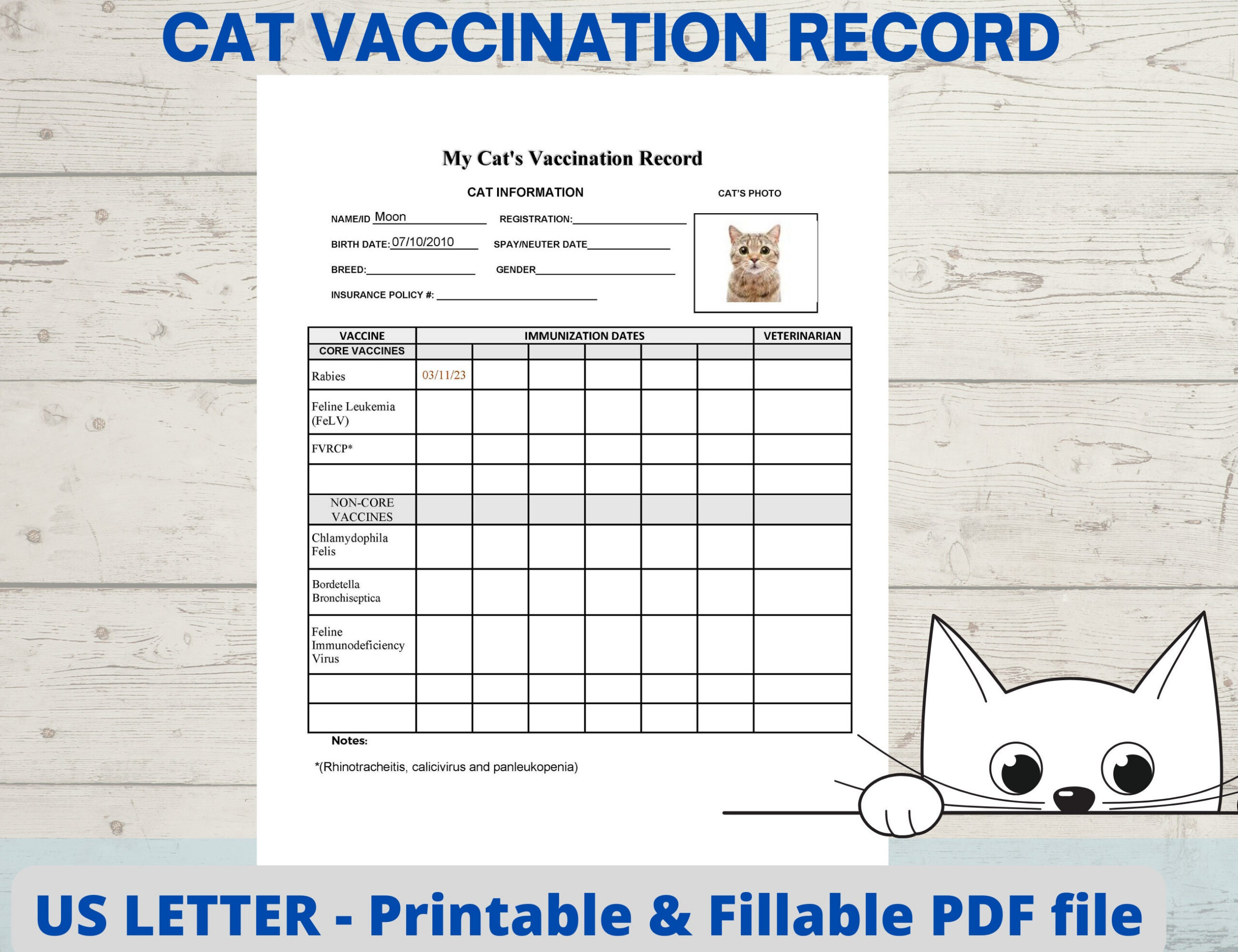 Cat Vaccination Record, Cat Health Record, Cat Shot Record, Pet