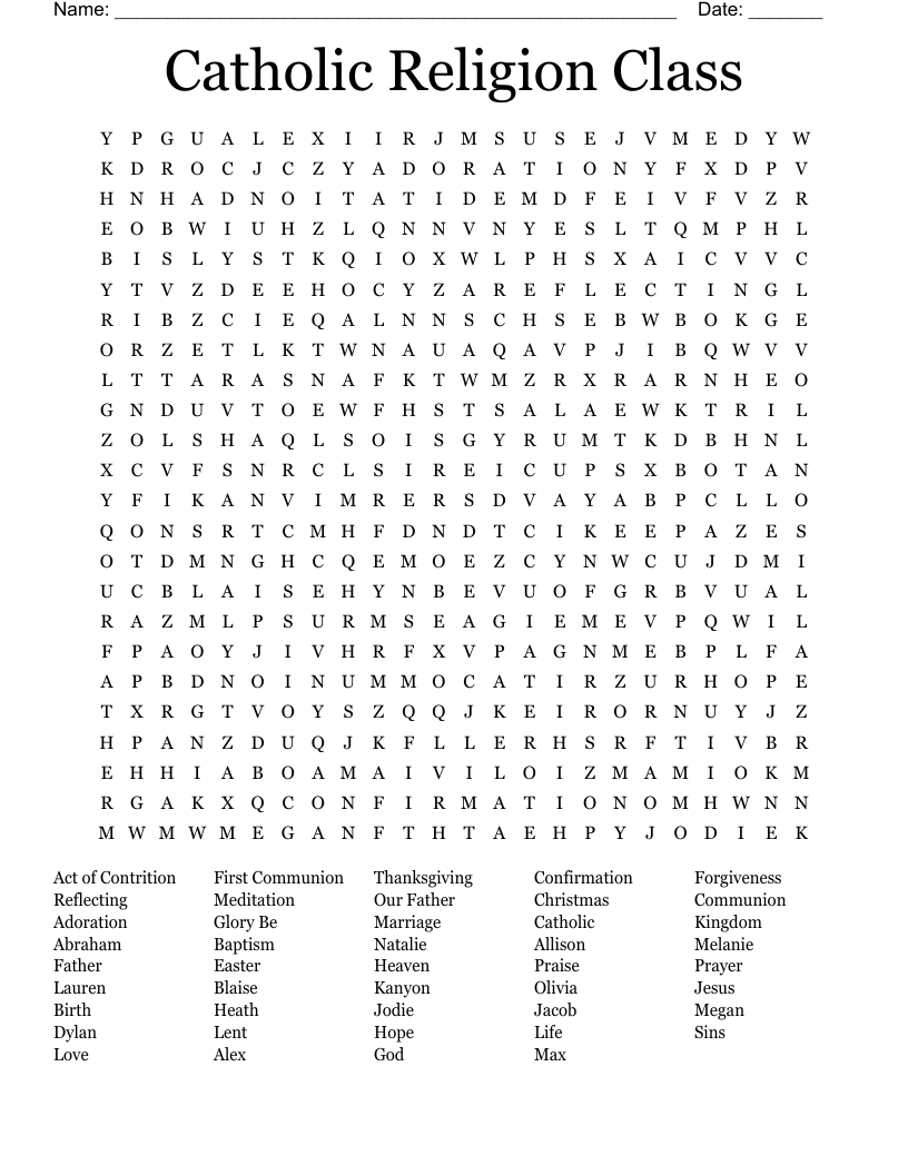 Catholic Religion Class Word Search - WordMint