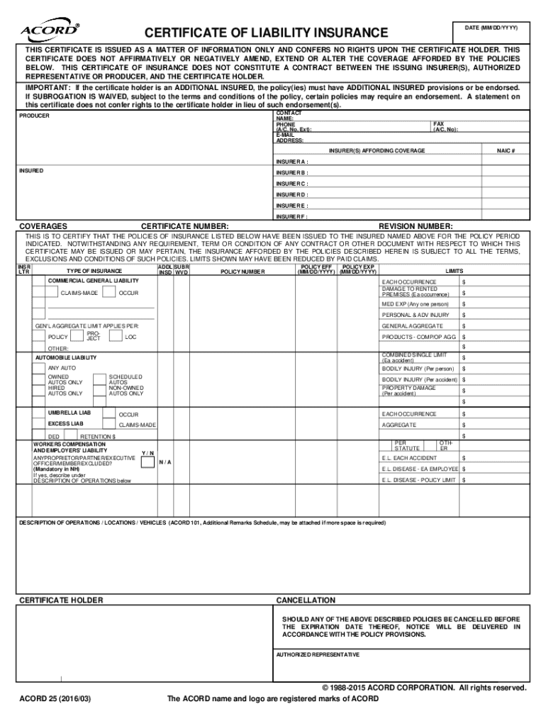 Certificate Of Insurance Form - Fill Online, Printable, Fillable