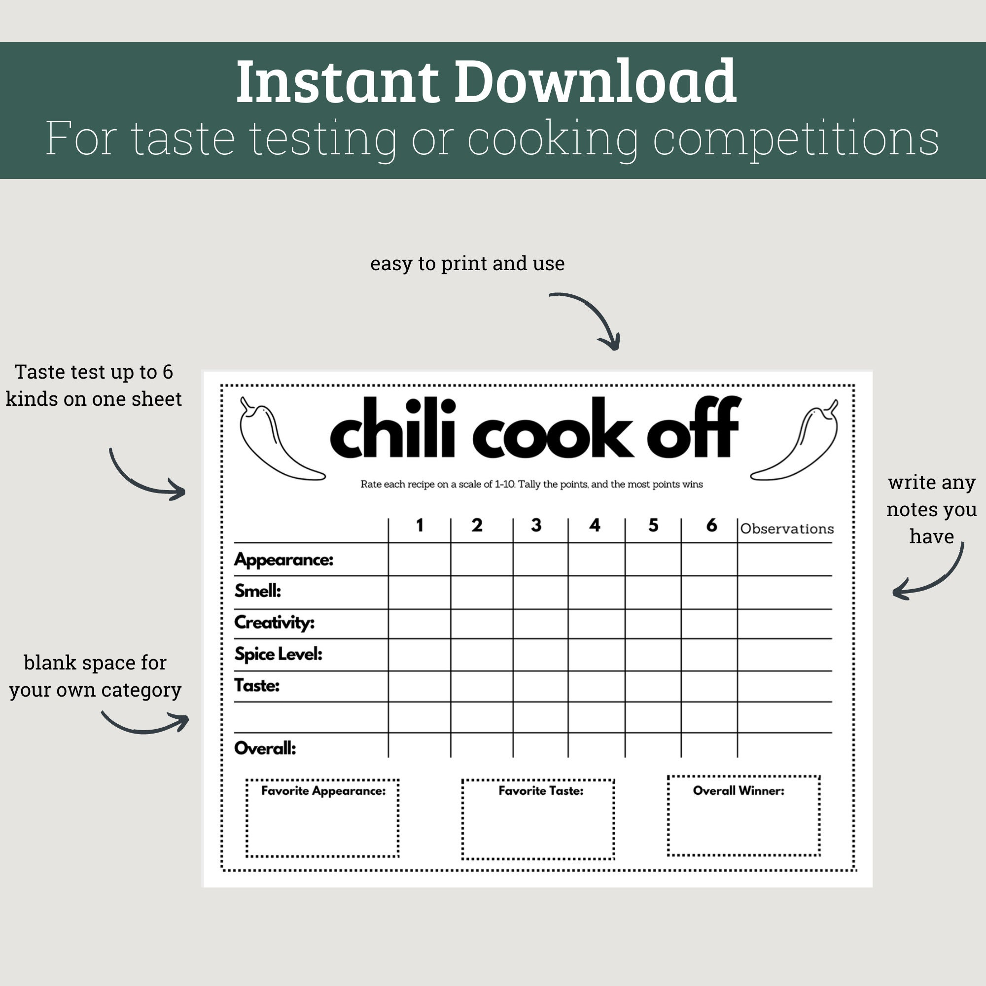Chili Cook-off Taste Testing Scorecard Printable for Parties and