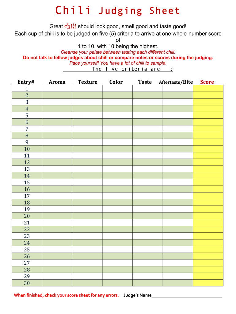 Chili Judging Sheet Sample Form - Fill Online, Printable, Fillable