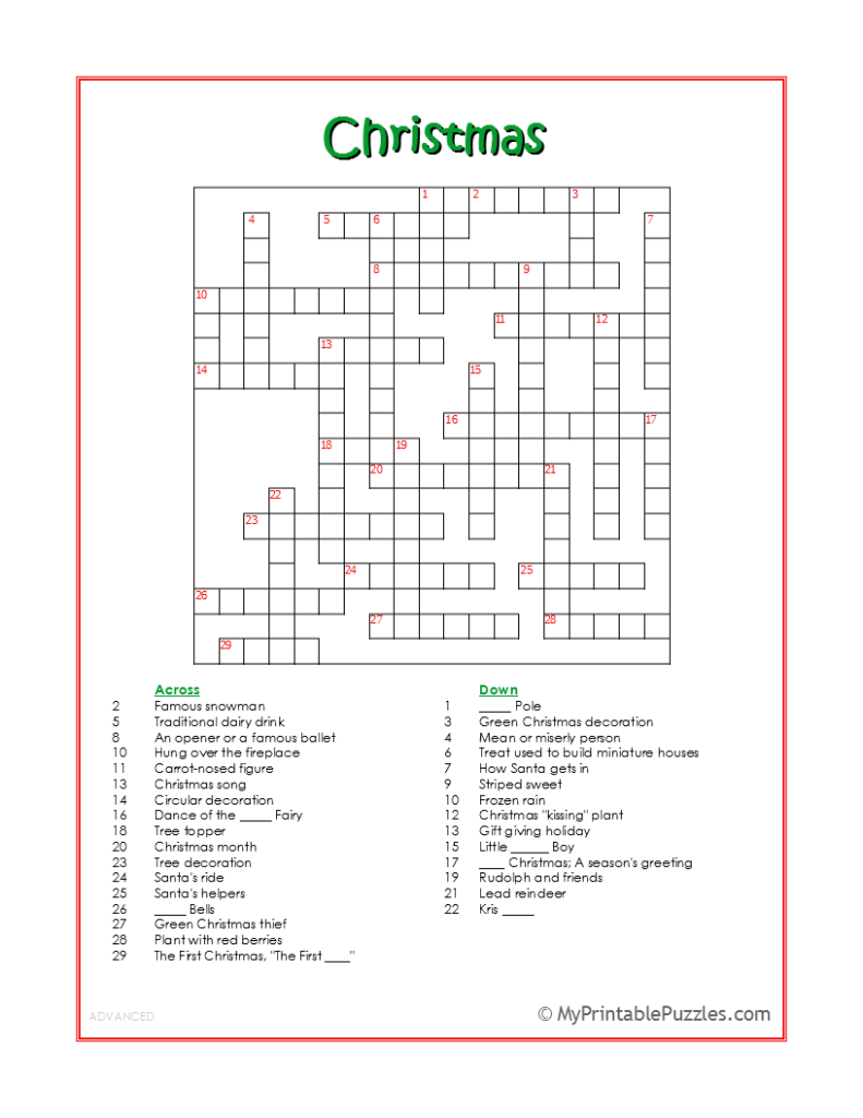 Christmas Crossword Puzzle - Advanced My Printable Puzzles Christmas Crossword Puzzle - Advanced My Printable Puzzles