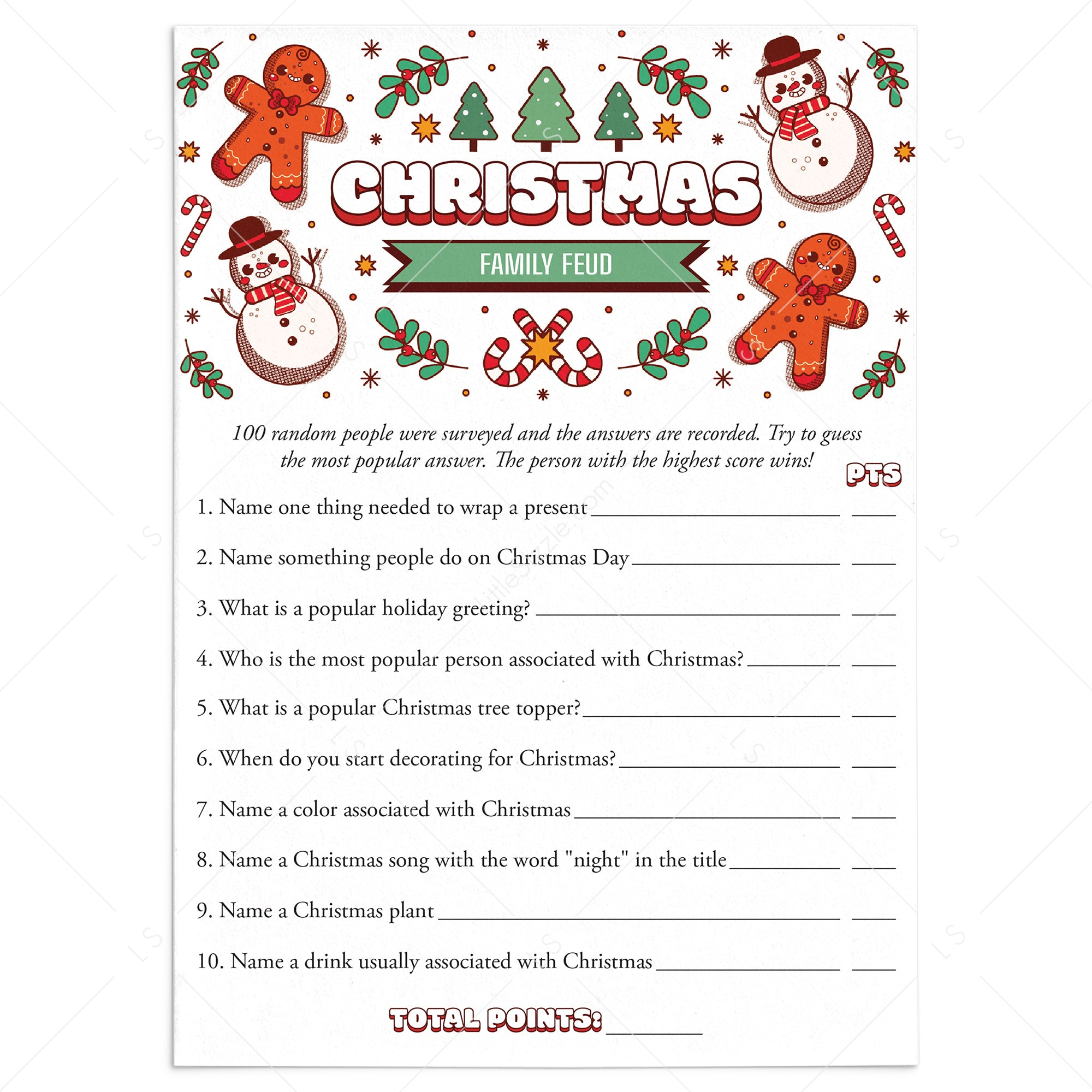 Christmas Feud Questions and Answers Printable  Holiday Family