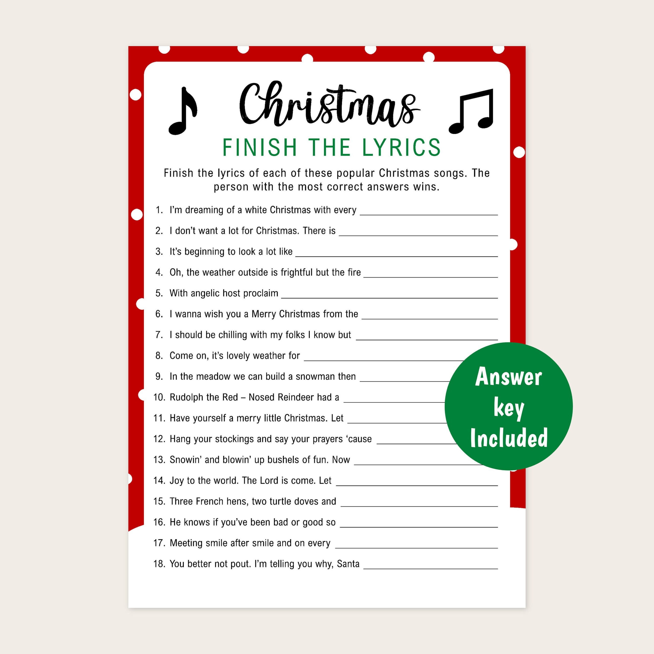 Christmas Finish the Lyrics Game  Printable Christmas Game