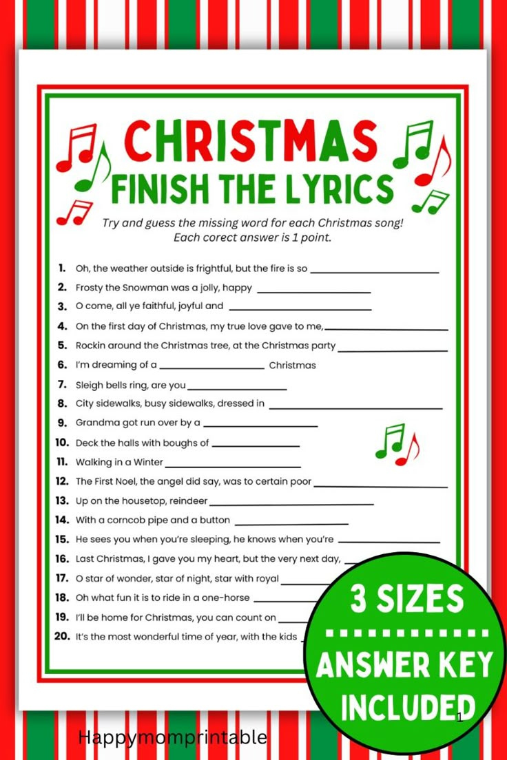 Christmas Finish the Lyrics Song Game Printable with Answers