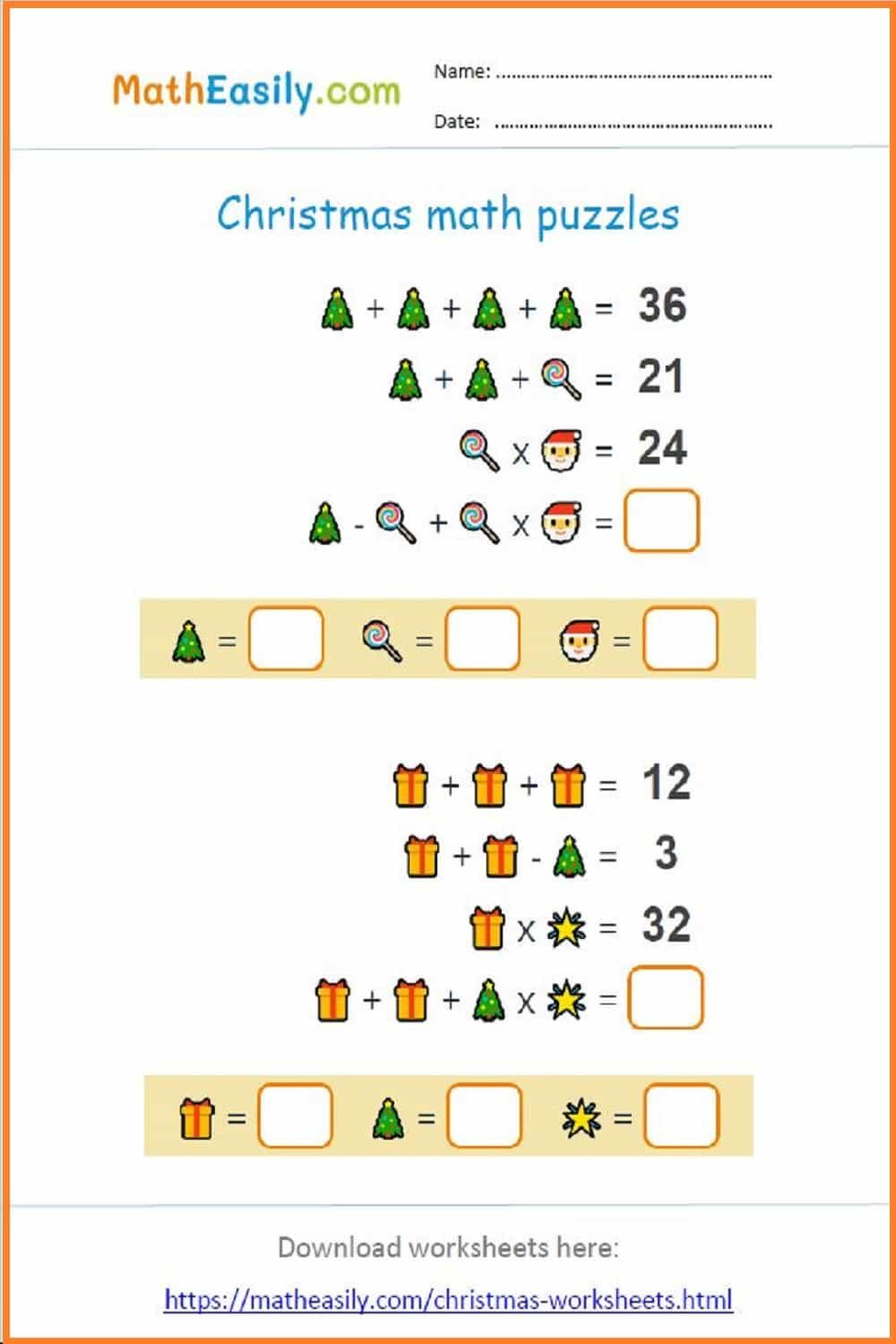 Christmas Math Puzzles Online + PDF 🎄