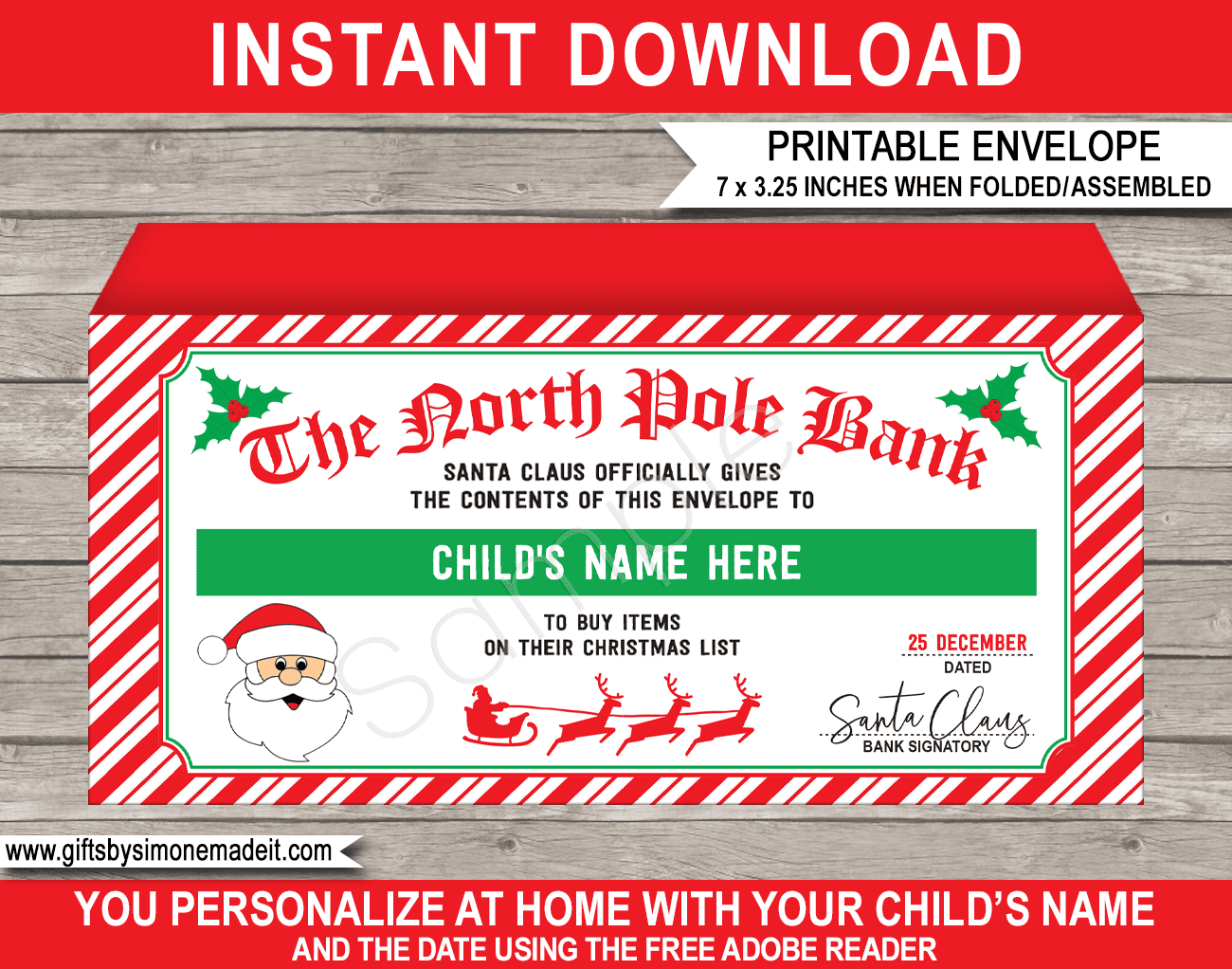 Christmas Money Envelope (from Santa) - red & green