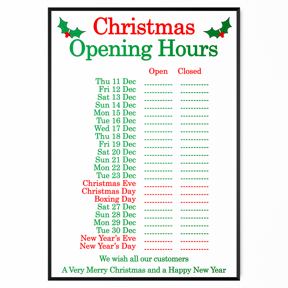 Christmas Opening Times, Hours Window Sign Shop Display Christmas
