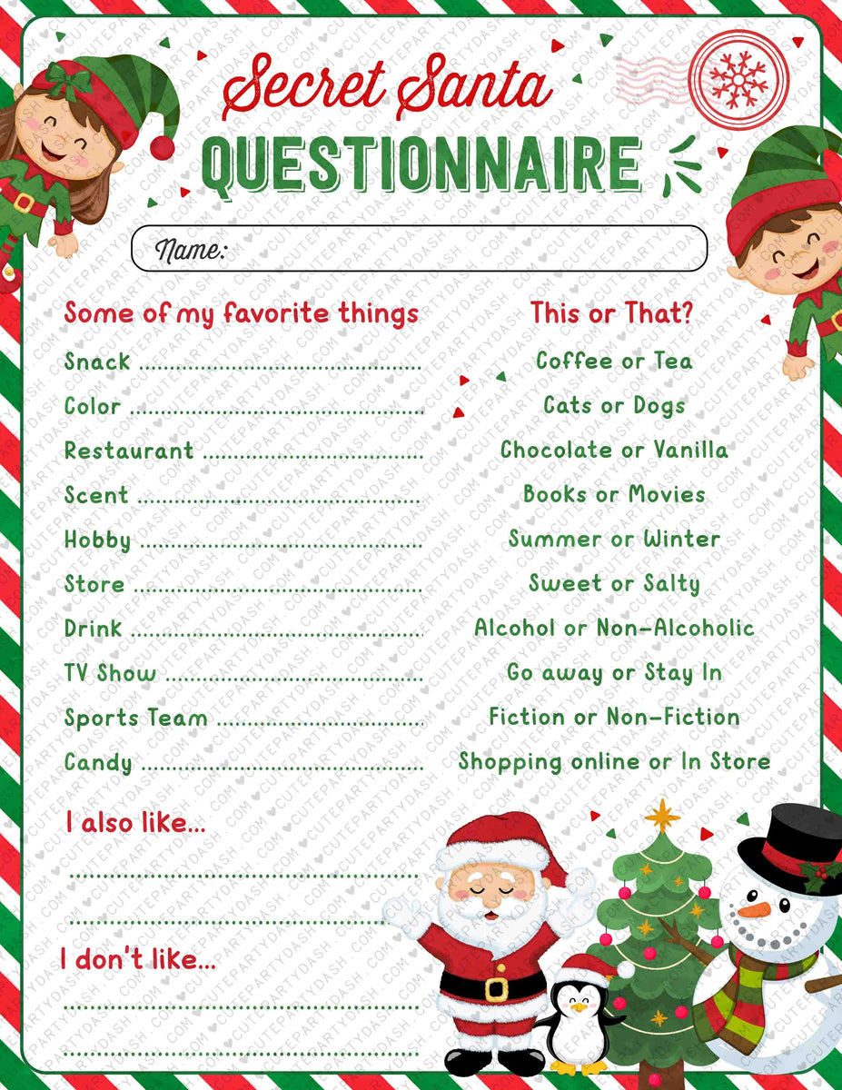 Christmas Secret Santa Questionnaire Printable Secret Santa Form Christmas Secret Santa Questionnaire Printable Secret Santa Form