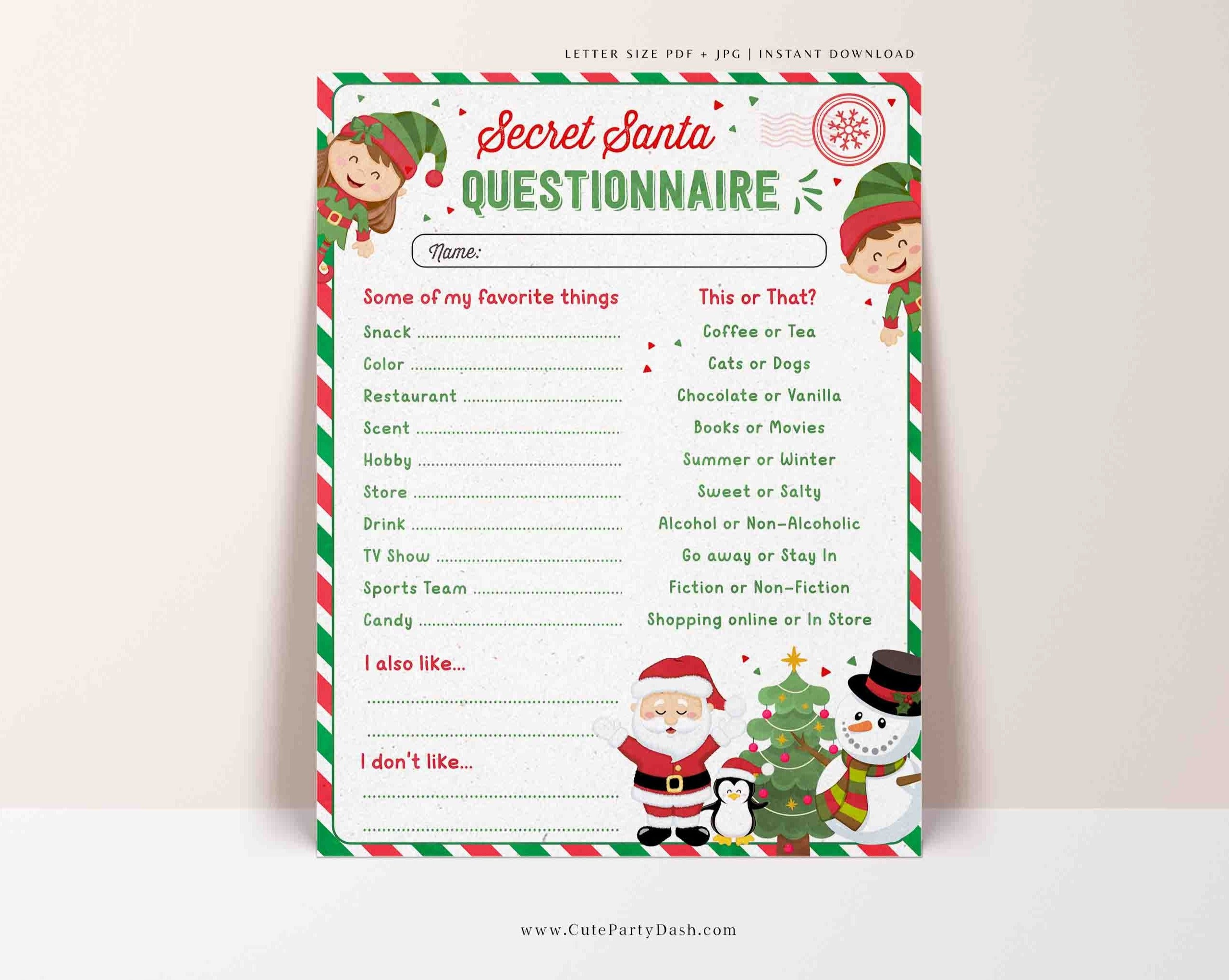 Christmas Secret Santa Questionnaire Printable Secret Santa Form Christmas Secret Santa Questionnaire Printable Secret Santa Form