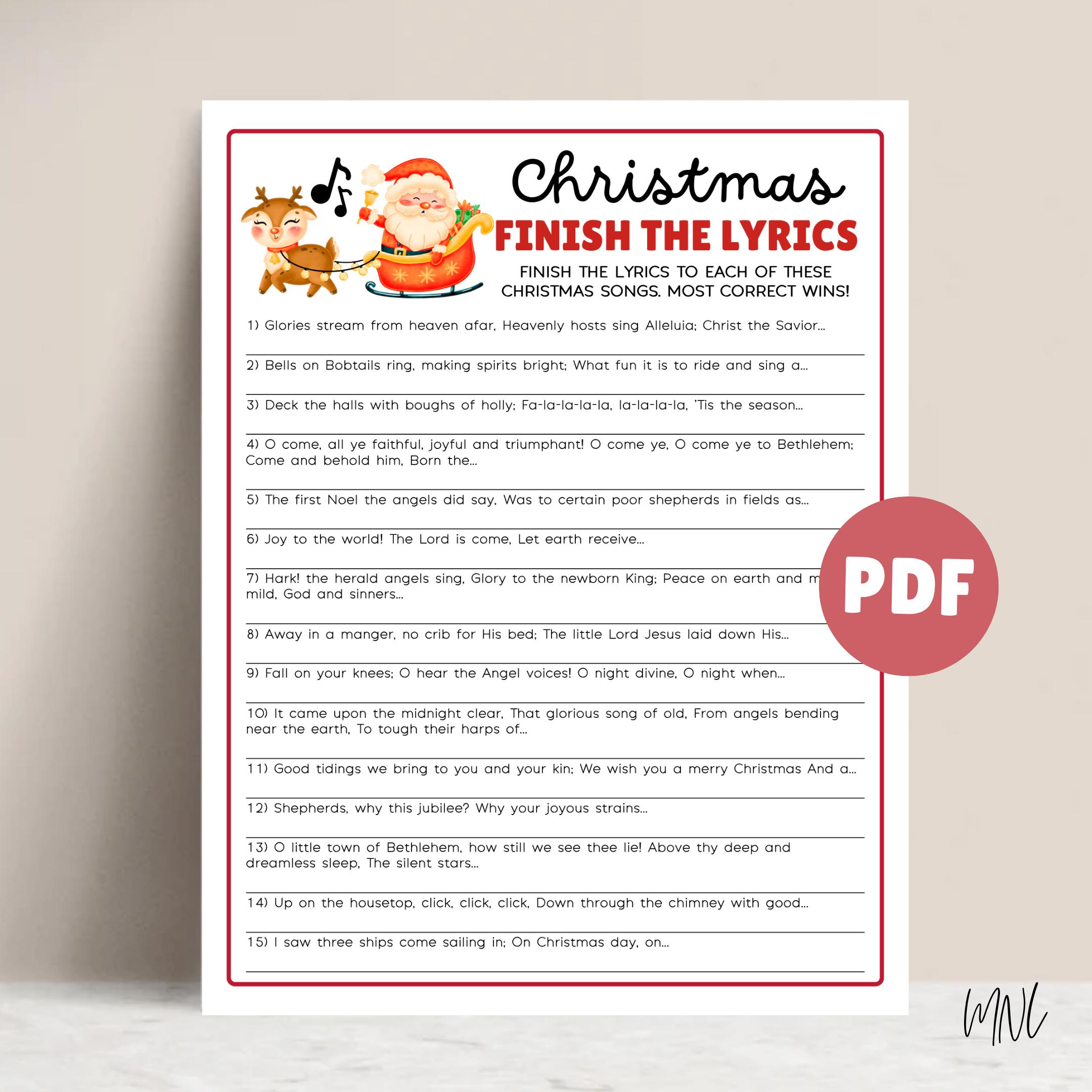 Christmas Song Game Finish the Lyrics Printable Christmas Party