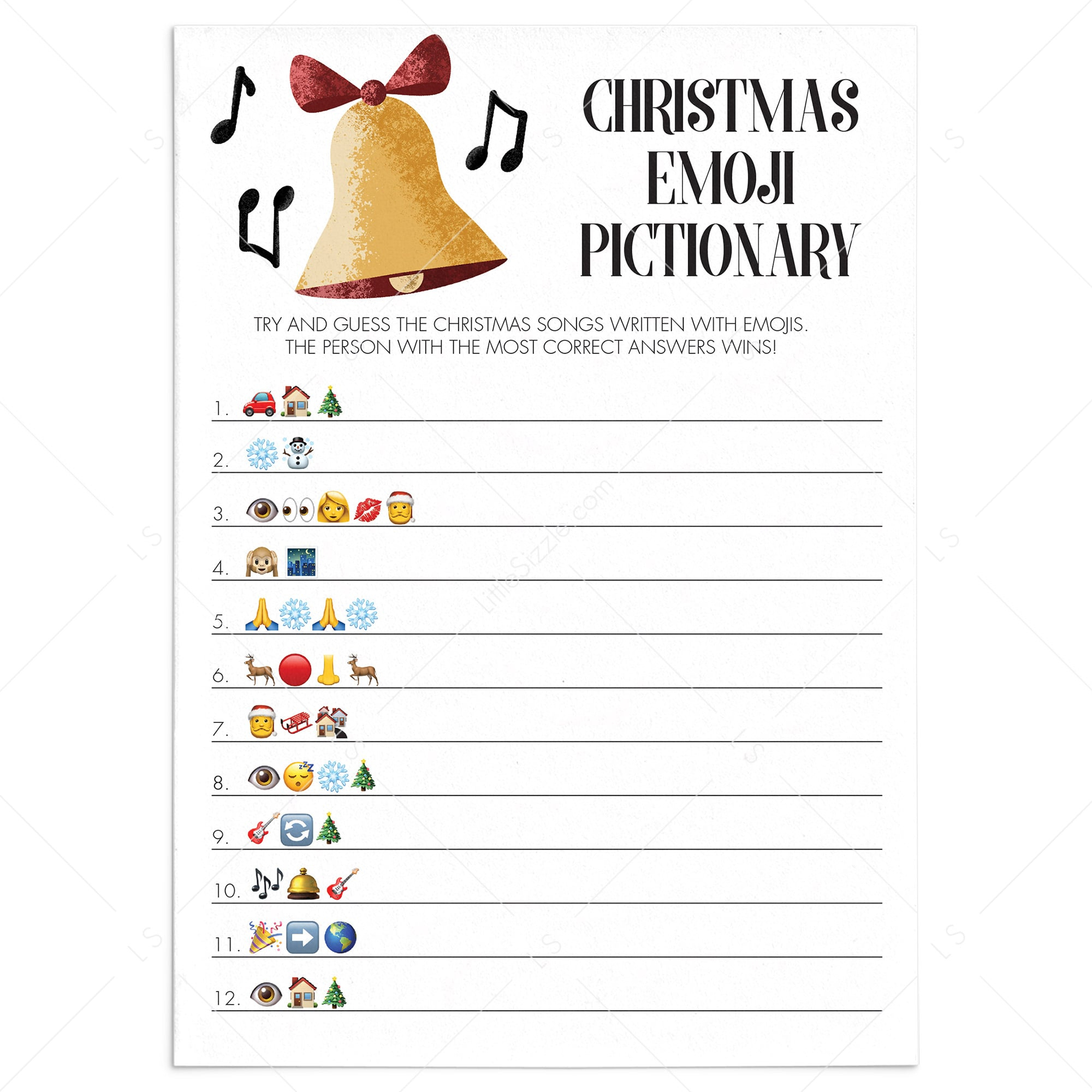 Christmas Songs Emoji Pictionary Game Printable  Instant Download