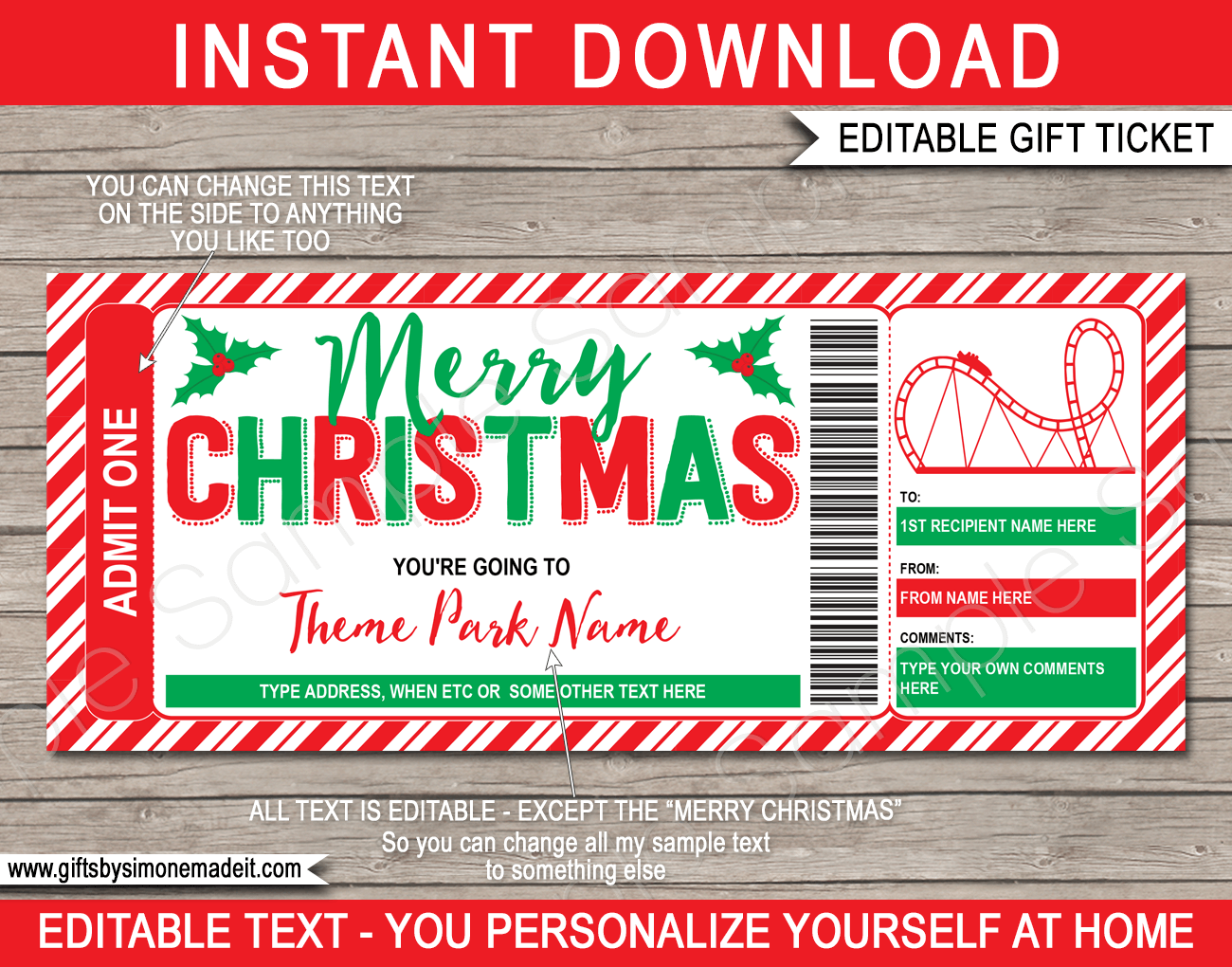 Christmas Theme Park Ticket Template  Printable Gift Voucher