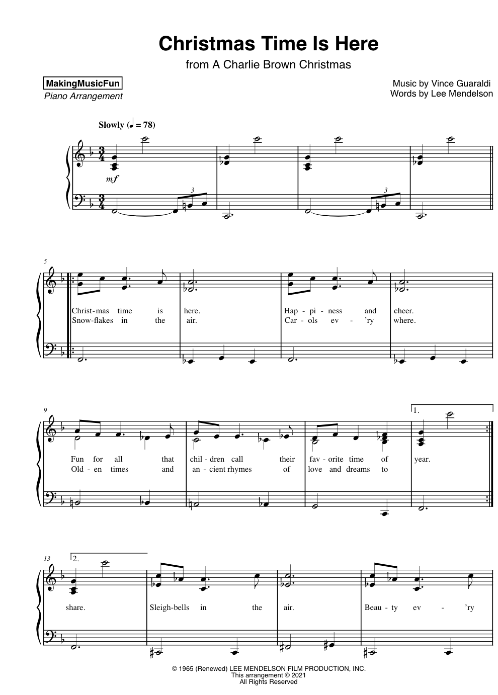 Christmas Time Is Here (Charlie Brown)  Easy Piano Sheet Music