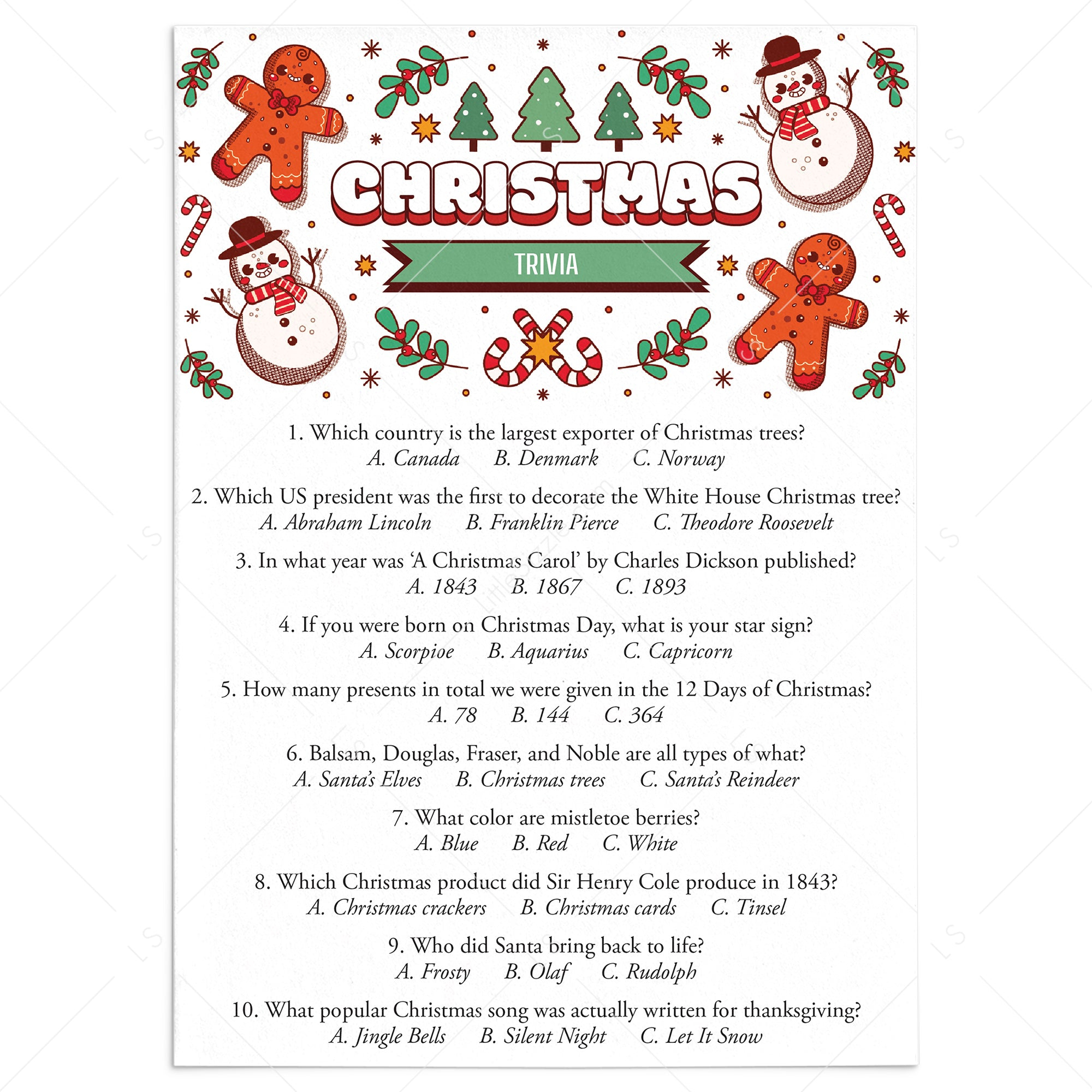 Christmas Trivia Quiz with Answers Printable  Christmas Party