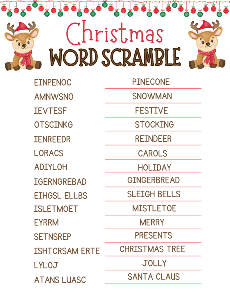 Christmas Word Scramble Printable: Free Holiday Kids Puzzles