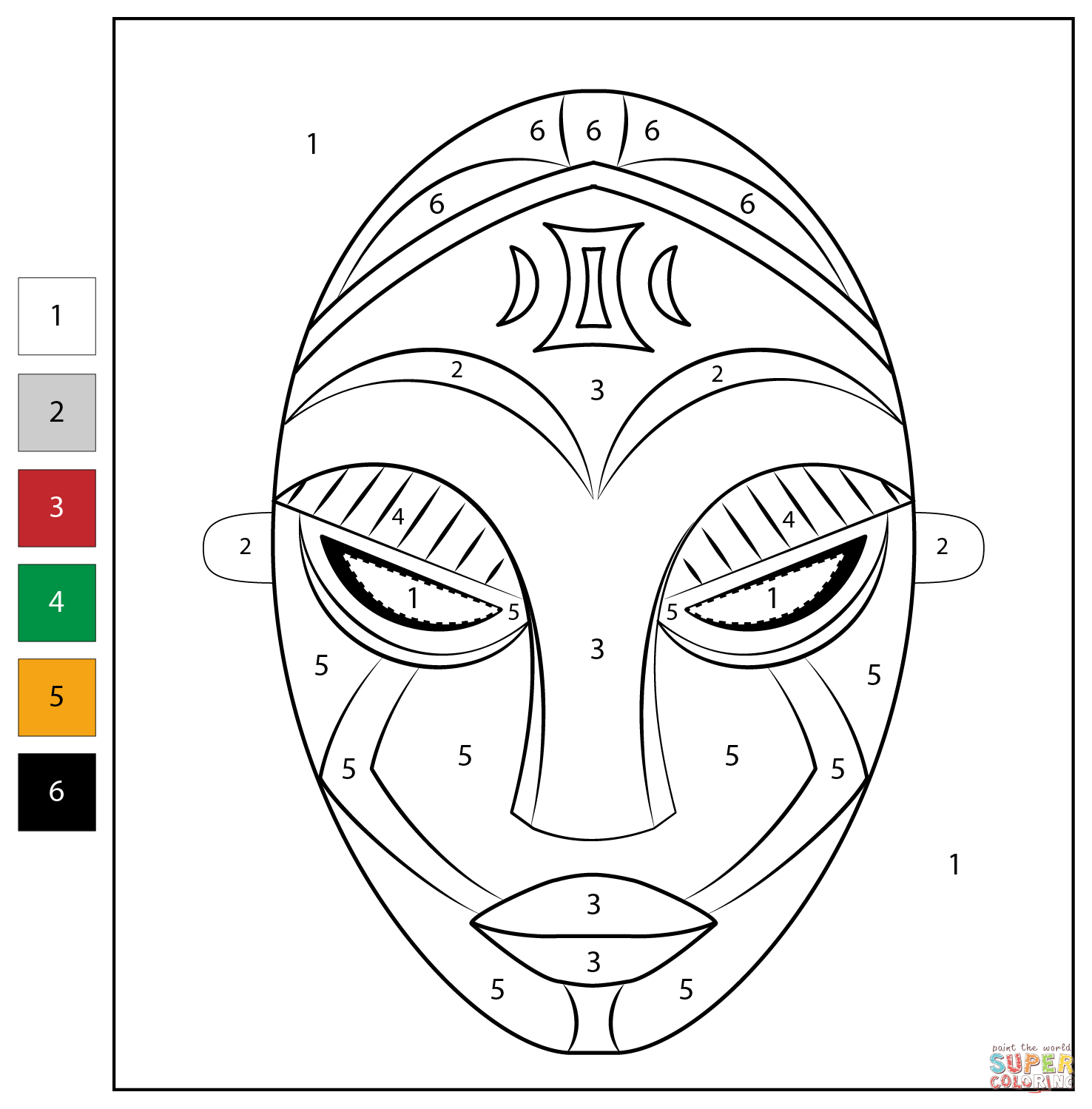 Color by Number: African Mask Coloring Page  Free Printable