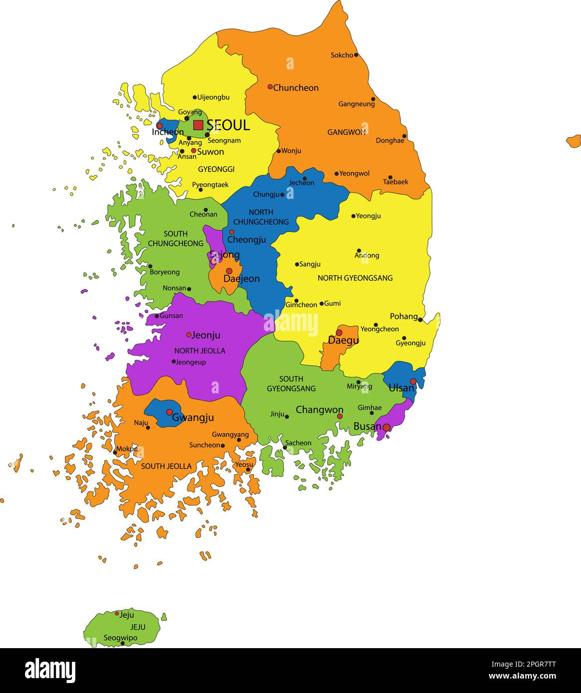 Colorful South Korea political map with clearly labeled, separated