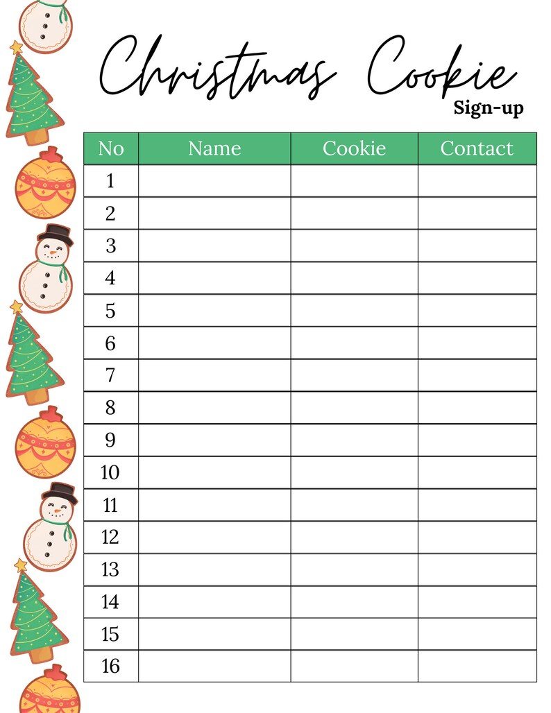 Cookie Exchange Sign Up Sheet Printable
