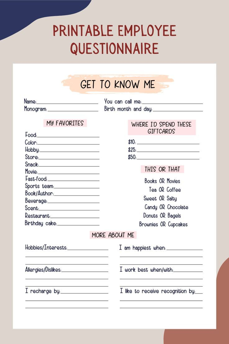 Coworker Questions Printable, All About Me Employee Questionnaire