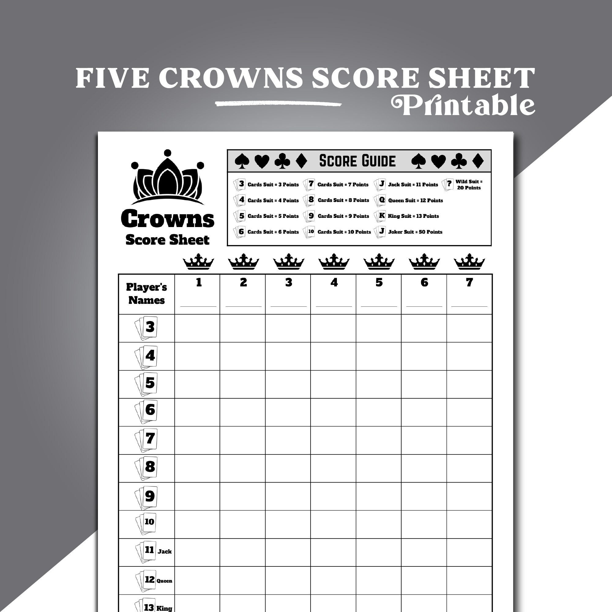 Crowns Five Crowns Game Score Sheet  Printable Template  Games