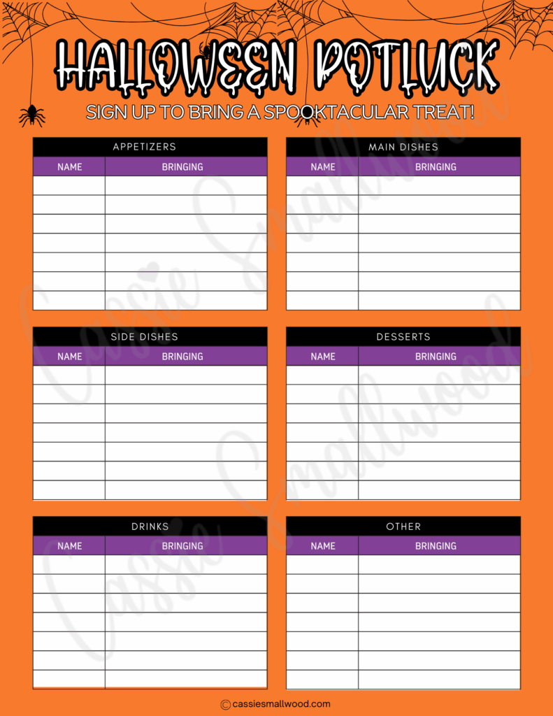 CUTE Halloween Potluck Sign Up Sheets - Cassie Smallwood CUTE Halloween Potluck Sign Up Sheets - Cassie Smallwood
