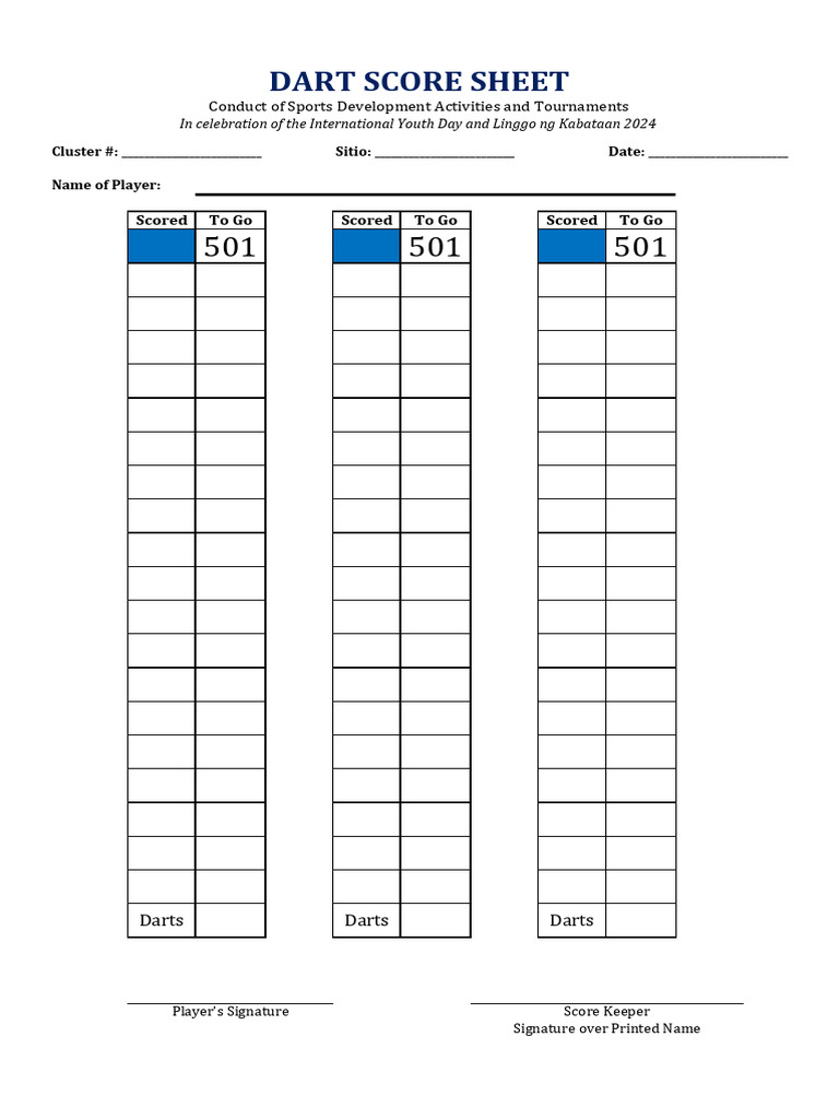 Dart Score Sheet PDF Dart Score Sheet PDF