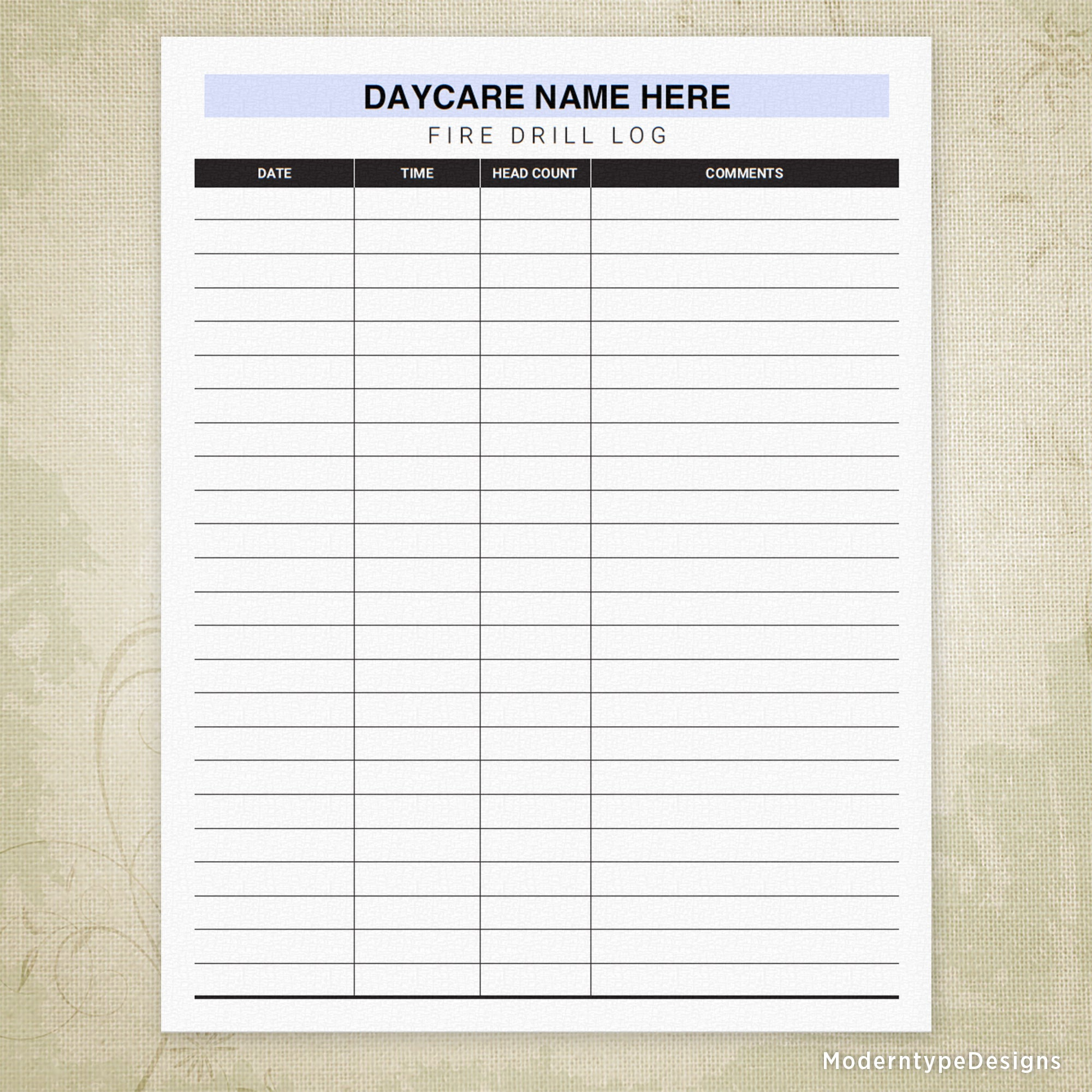 Daycare Fire Drill Log Printable, Personalized Daycare Fire Drill Log Printable, Personalized