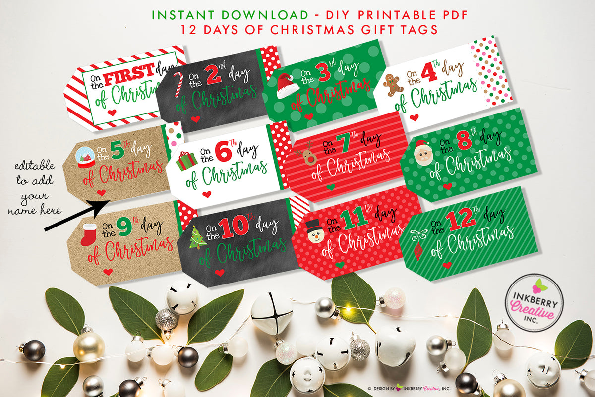 Days of Christmas Printable Gift Tags - Twelve Days of Christmas -  Editable- Instant Download PDF File