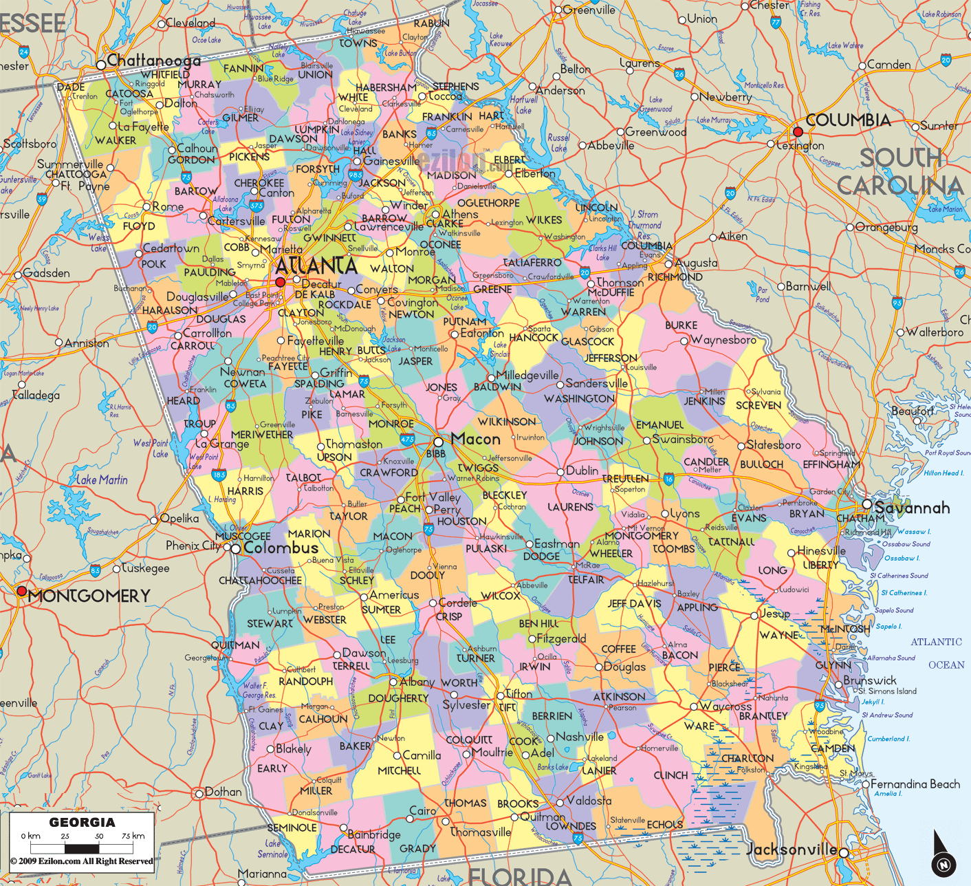 Detailed Map of Georgia with Cities, Counties and Roads - Ezilon Maps Detailed Map of Georgia with Cities, Counties and Roads - Ezilon Maps
