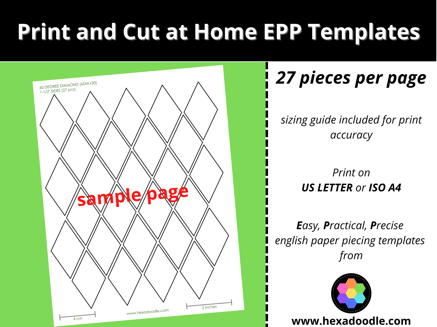 DIA - 0° DEGREE DIAMOND - EPP Print and Cut at Home templates - -½  inch sides for printing and cutting out at home.  diamonds per page.