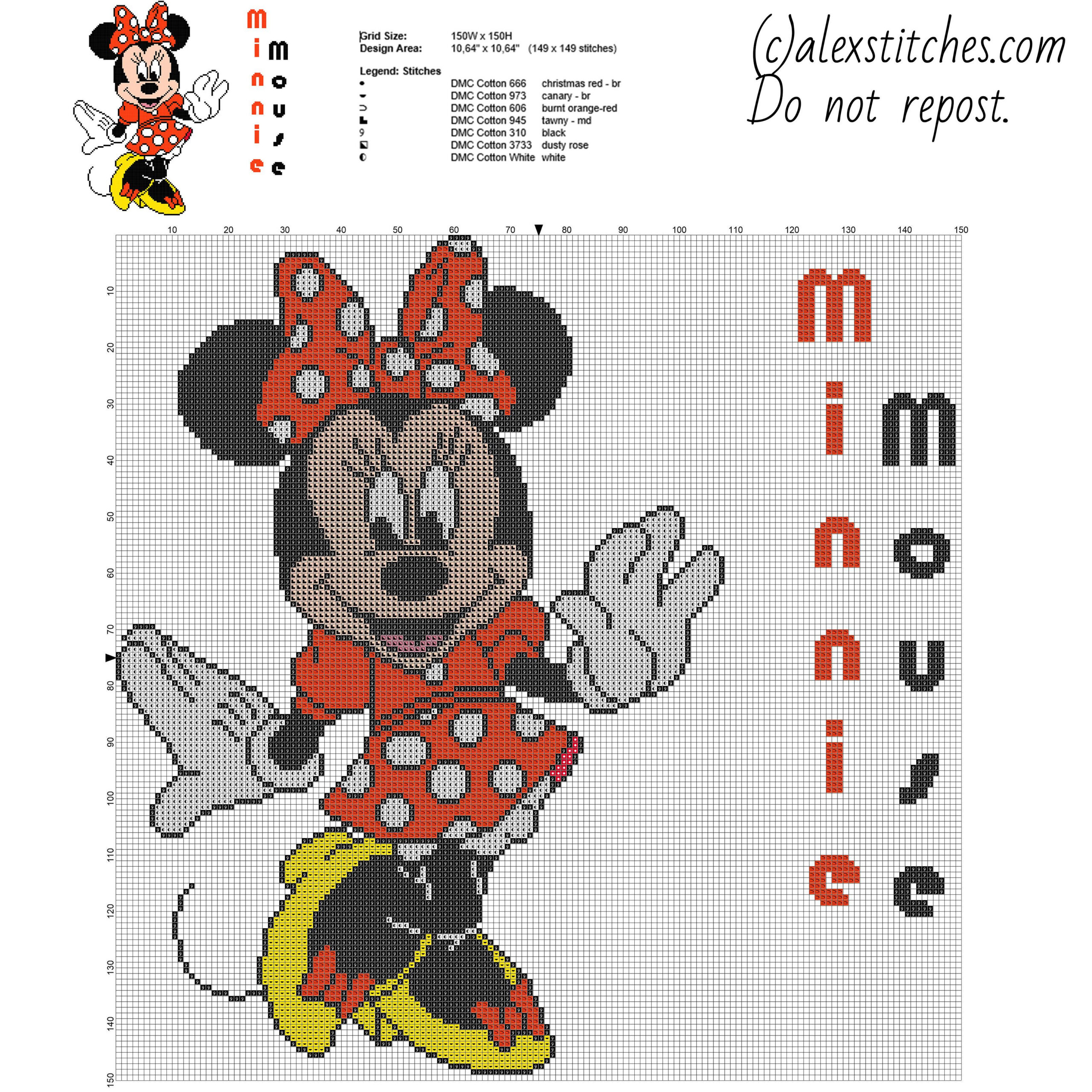 Disney Minnie Mouse character big size cross stitch pattern x Disney Minnie Mouse character big size cross stitch pattern x