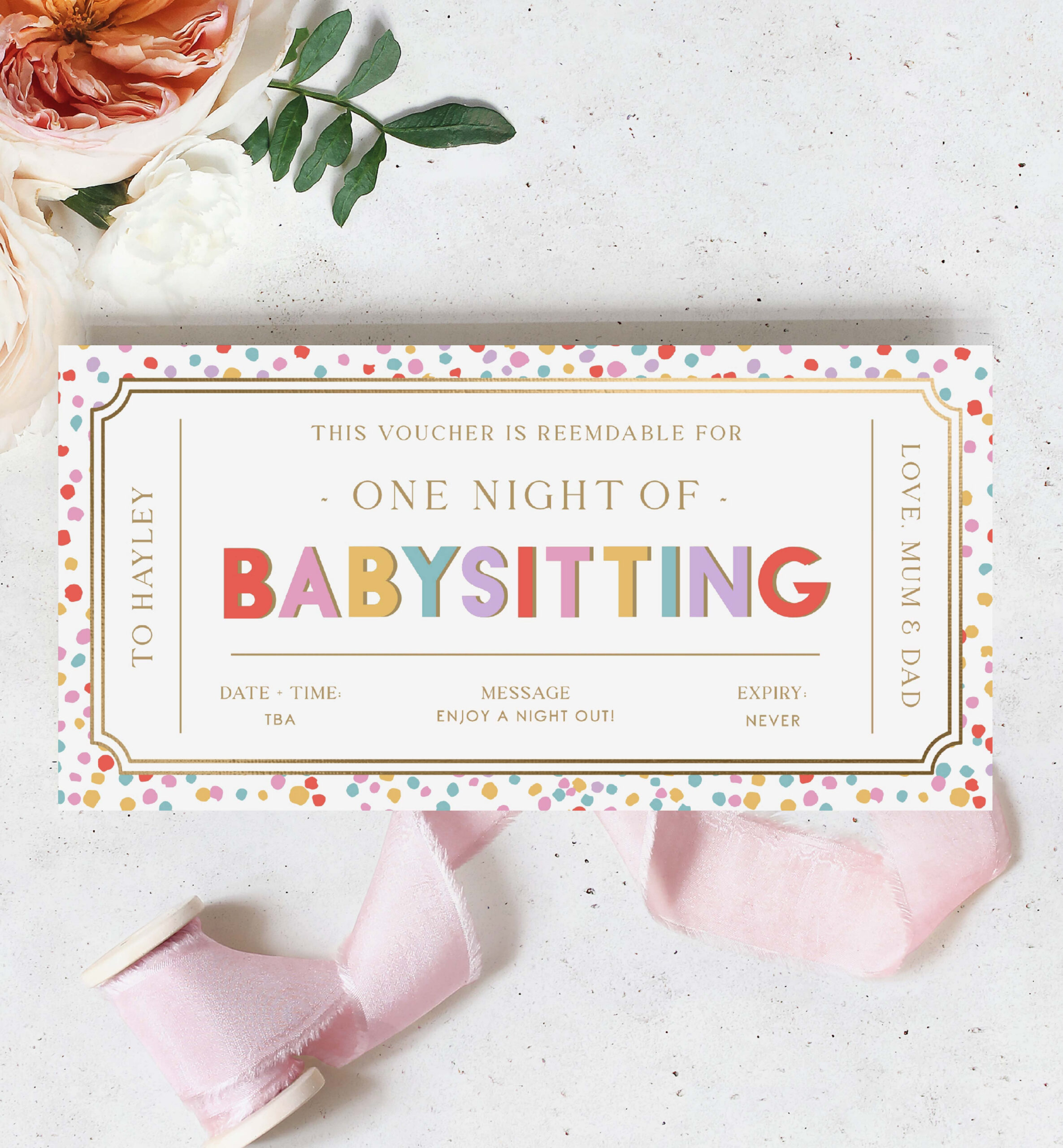 Dot Multi  Printable Babysitting Gift Voucher Template – Black