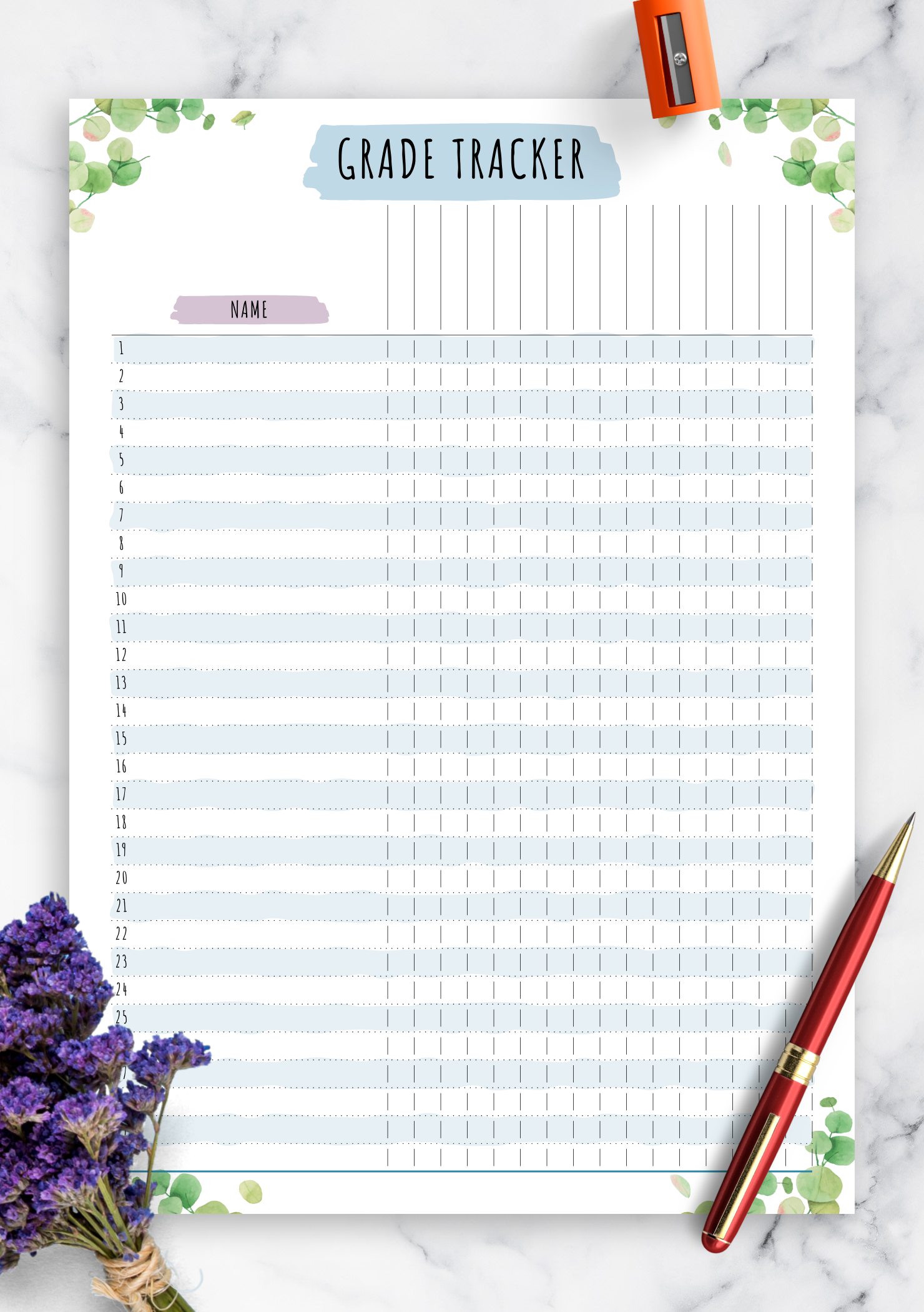 Download Printable Gradebook Template - Floral Style PDF