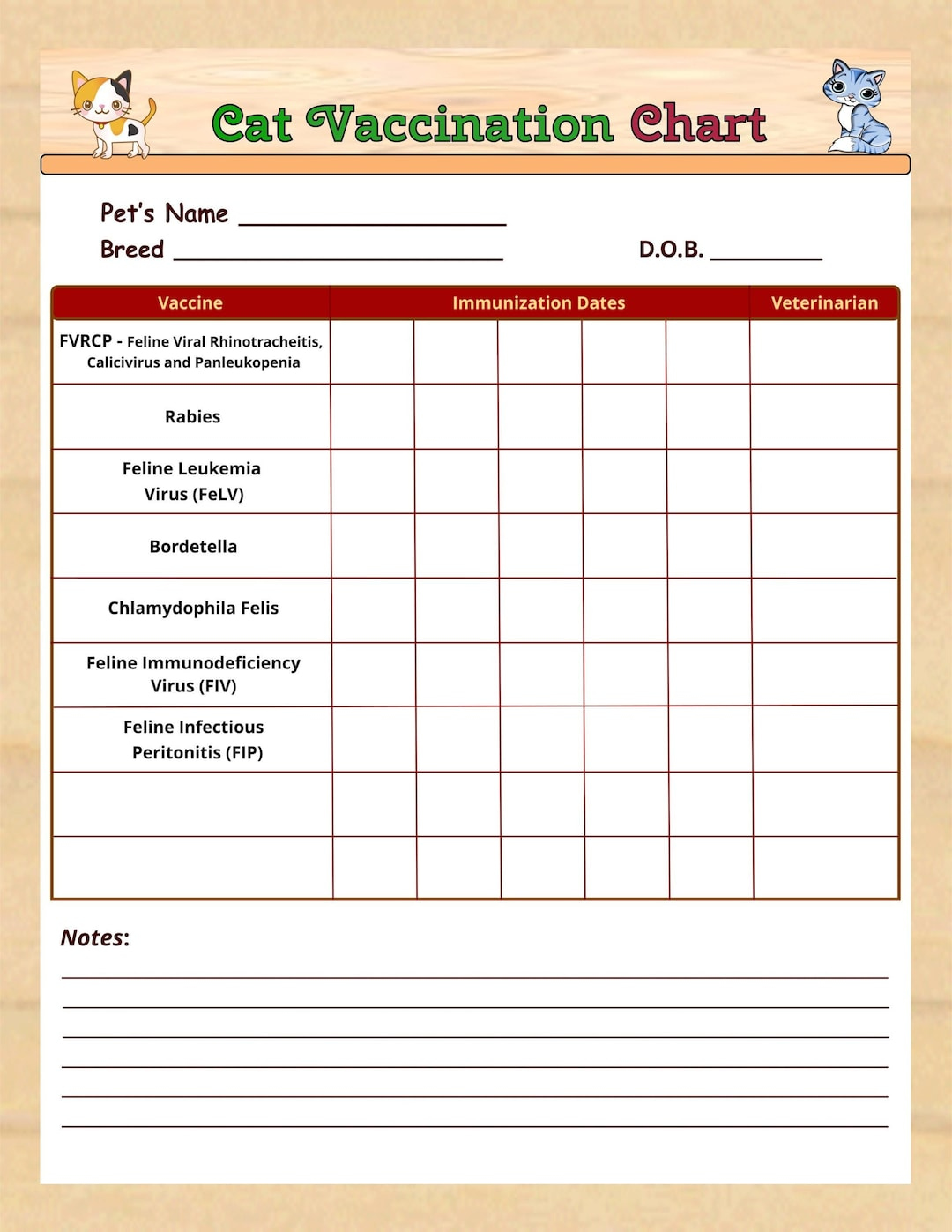 Druckbare Impftabelle für Katzen, Haustier Krankenakte, Katzen