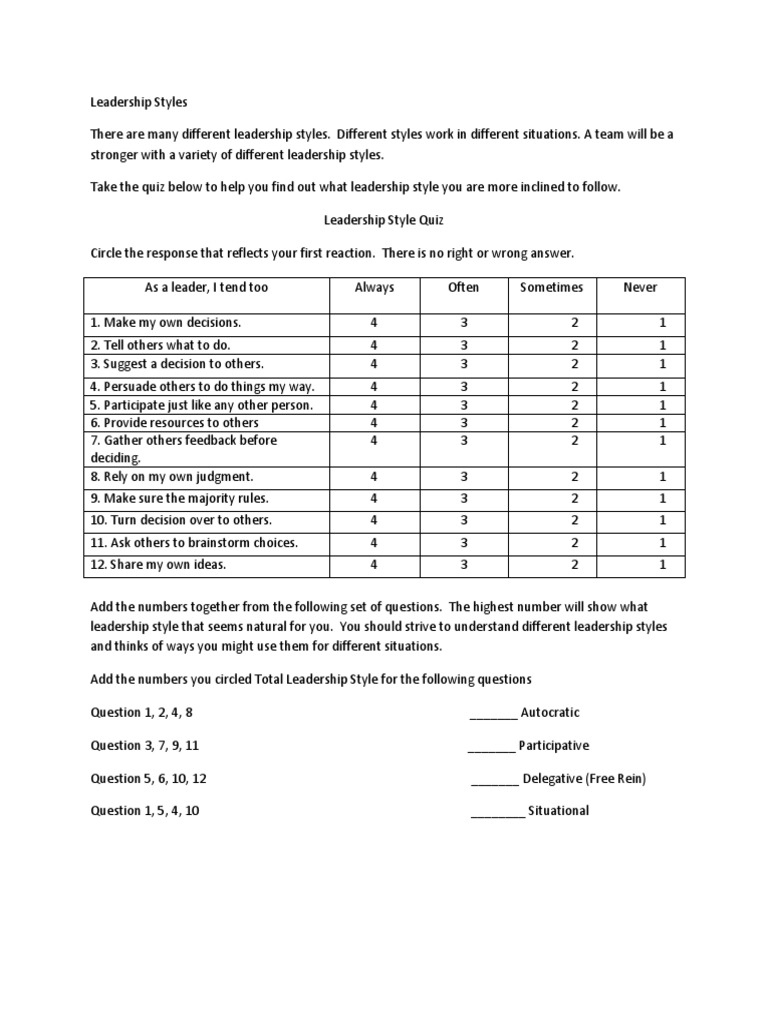 e Emerging Leaders Roundtable Leadership Style Quiz PDF  PDF