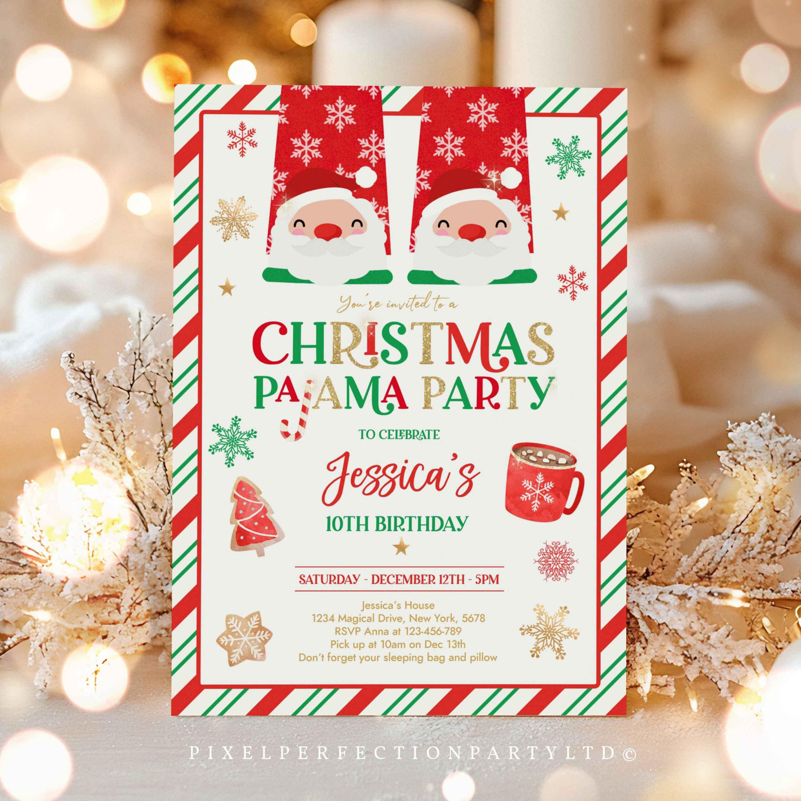 Editable Christmas Pajama Birthday Party Invitation Red and Gold